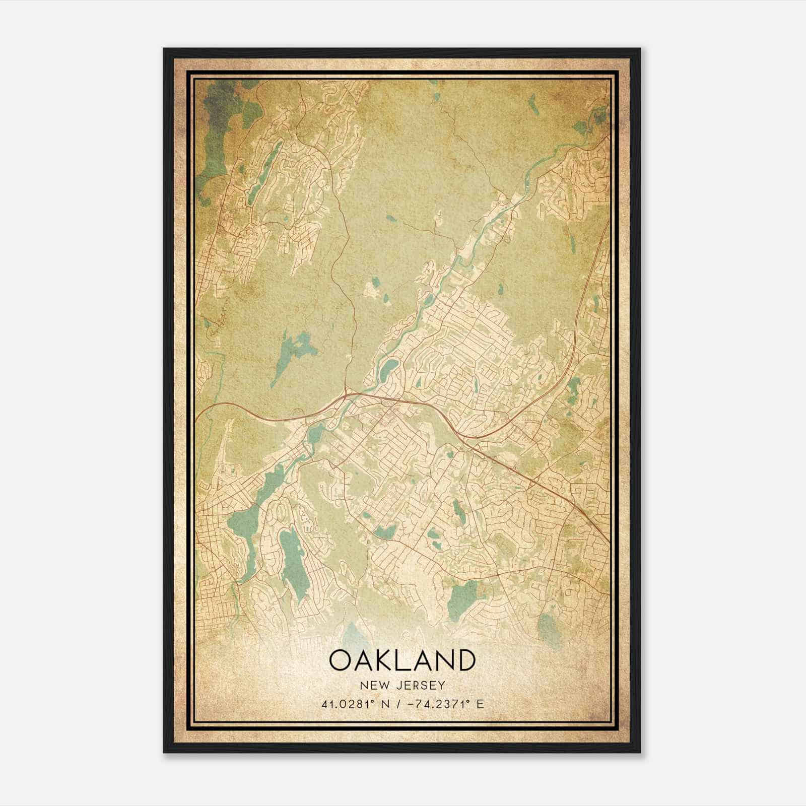 Vintage Oakland New Jersey Map Poster, Modern Home Decor Wall Art Print