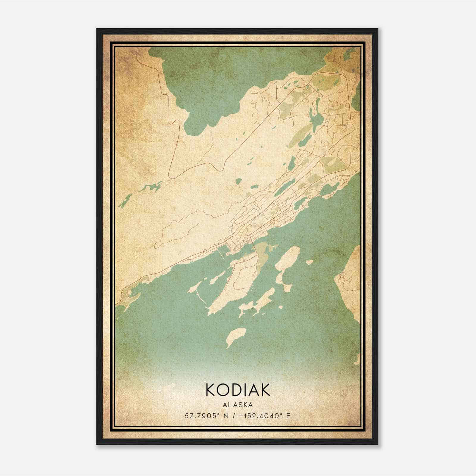 Vintage Kodiak Alaska Map Poster, Modern Home Decor Wall Art Print