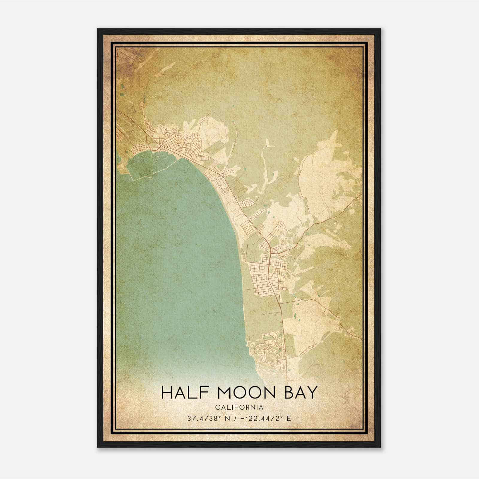 Vintage Half Moon Bay California Map Poster, Modern Home Decor Wall Art Print