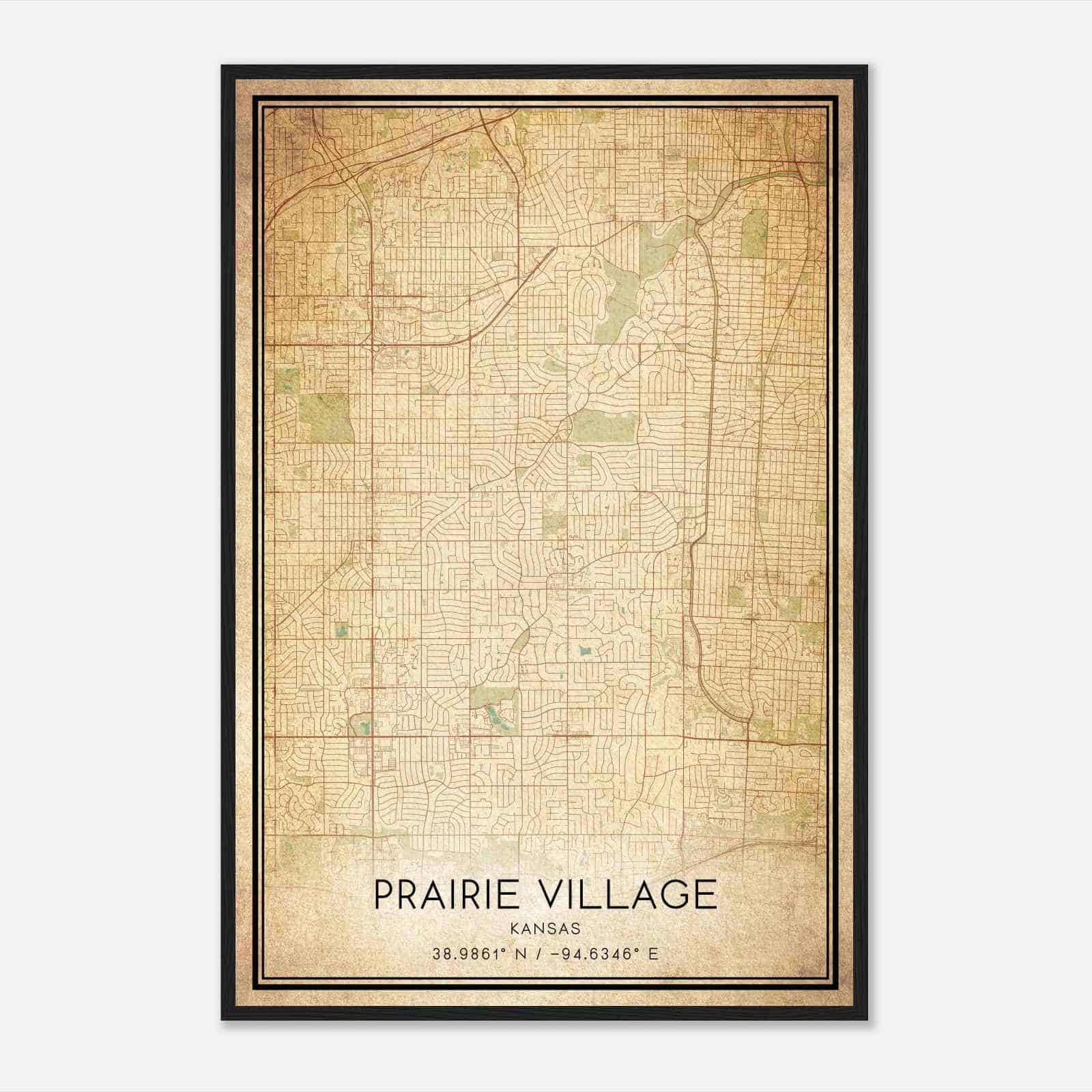 Vintage Prairie Village Kansas Map Poster, Modern Home Decor Wall Art Print