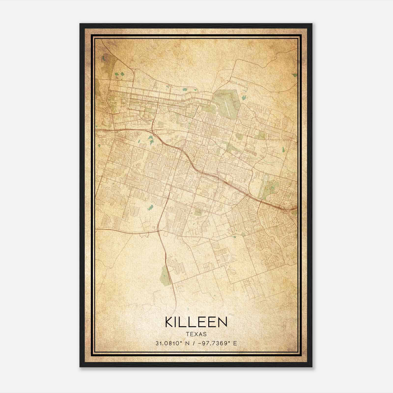 Vintage Killeen Texas Map Poster, Modern Home Decor Wall Art Print