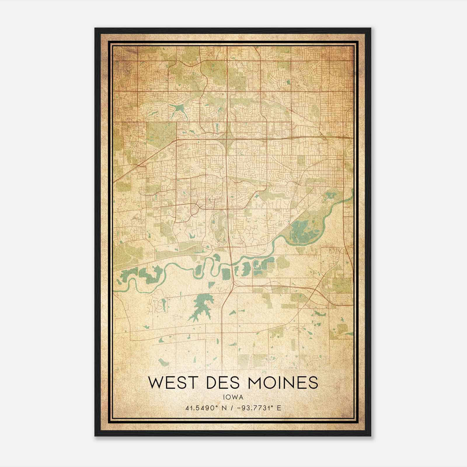 Vintage West Des Moines Iowa Map Poster, Modern Home Decor Wall Art Print