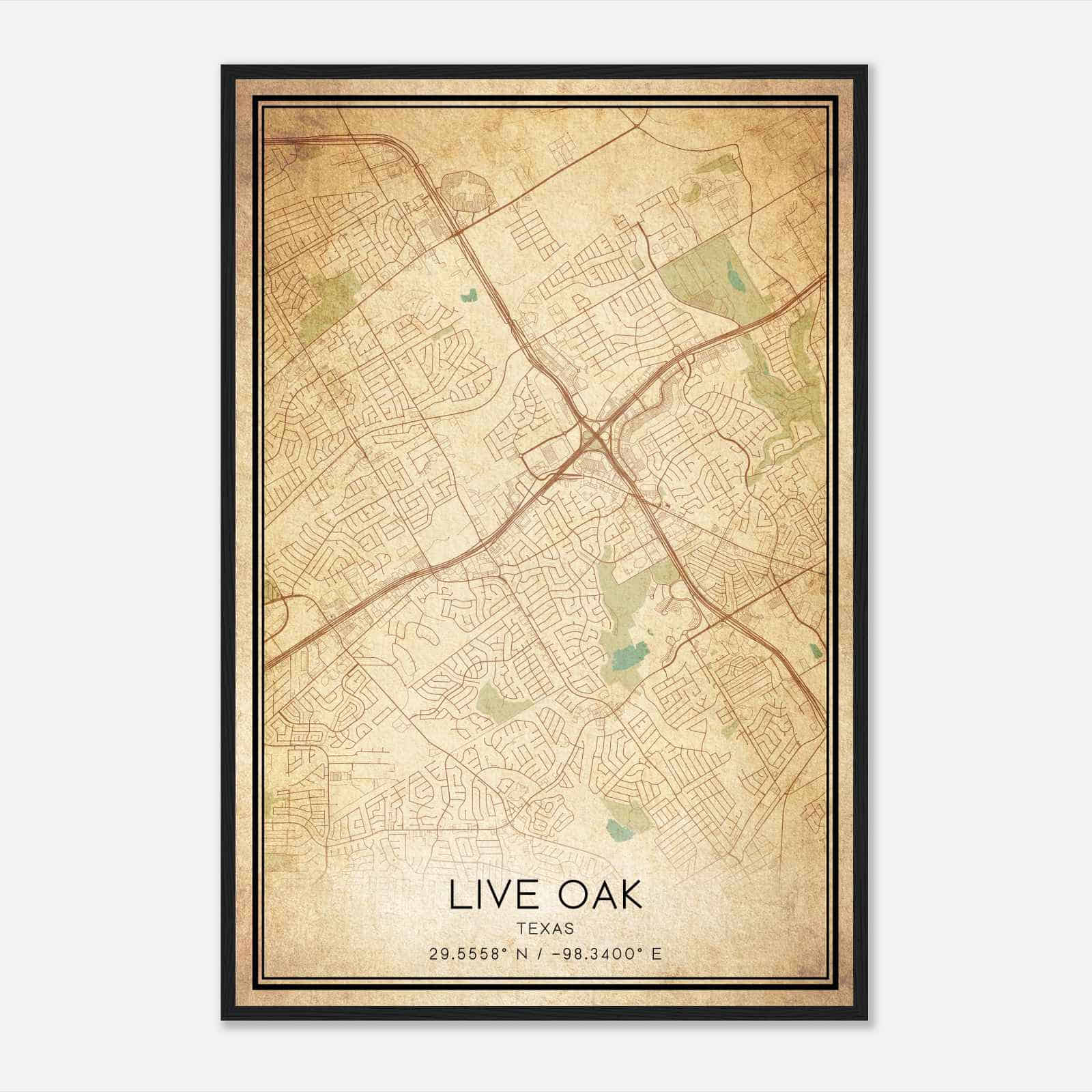 Vintage Live Oak Texas Map Poster, Modern Home Decor Wall Art Print