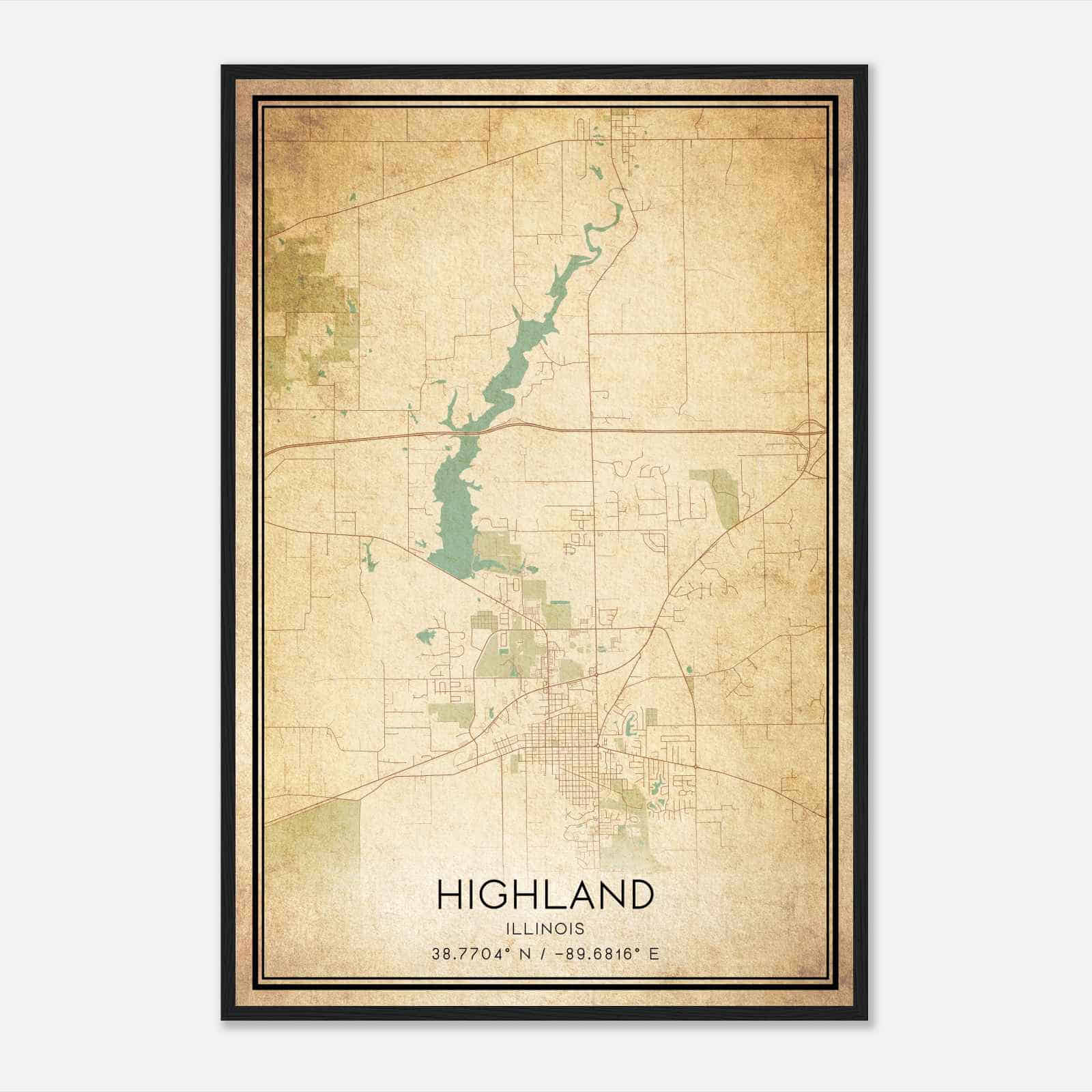 Vintage Highland Illinois Map Poster, Modern Home Decor Wall Art Print