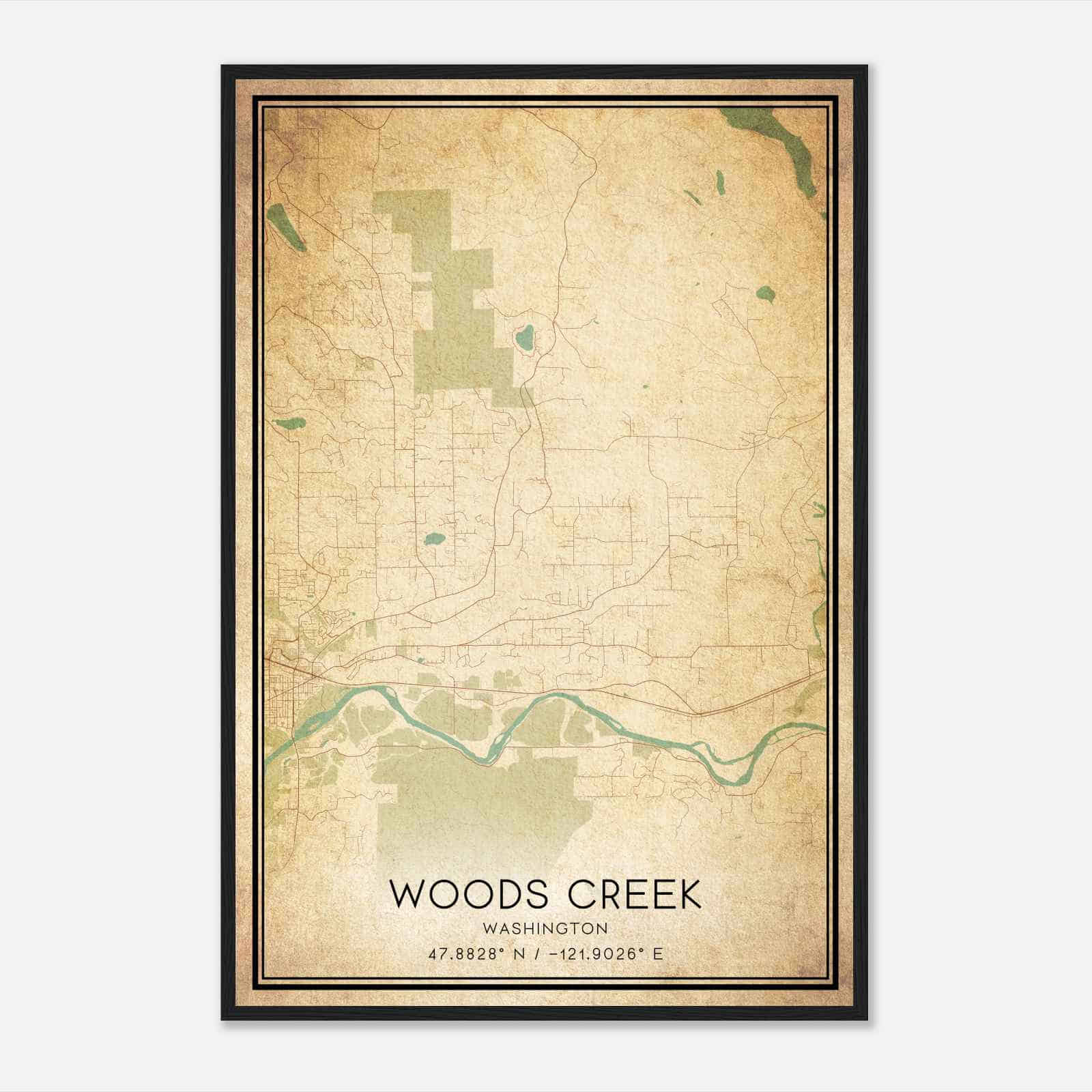 Vintage Woods Creek Washington Map Poster, Modern Home Decor Wall Art Print