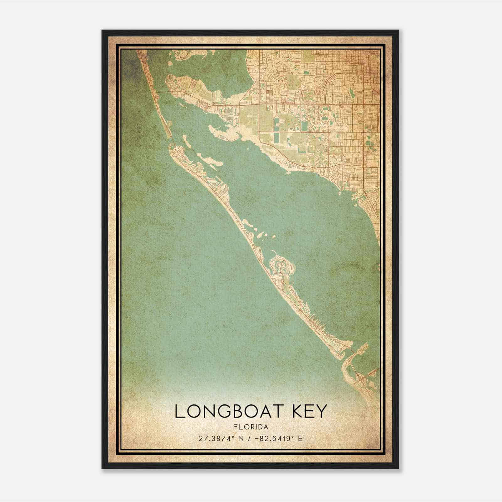 Vintage Longboat Key Florida Map Poster, Modern Home Decor Wall Art