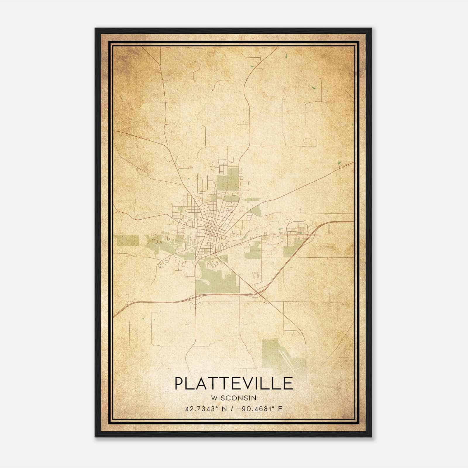 Vintage Platteville Wisconsin Map Poster, Modern Home Decor Wall Art Print