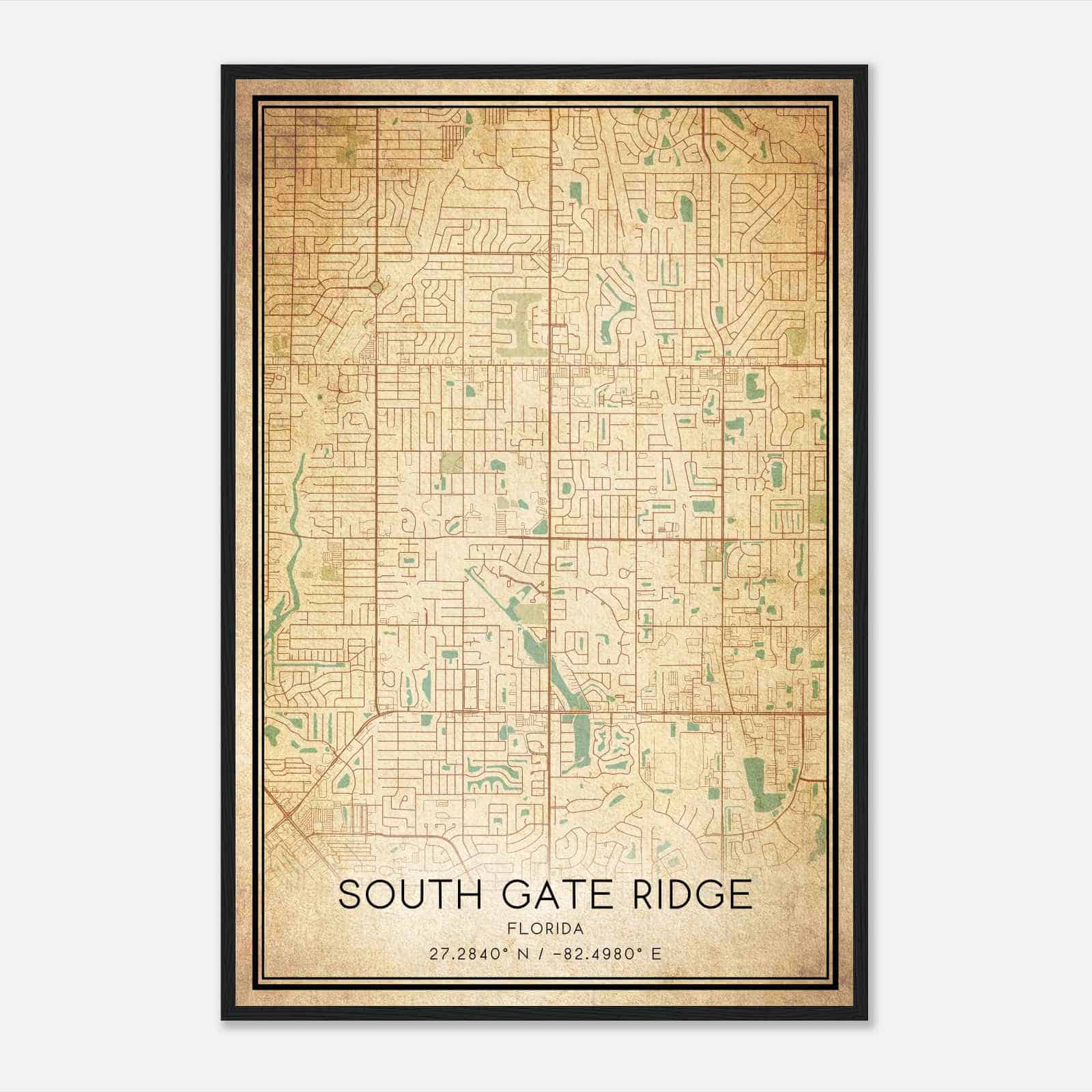 Vintage South Gate Ridge Florida Map Poster, Modern Home Decor Wall Art Print