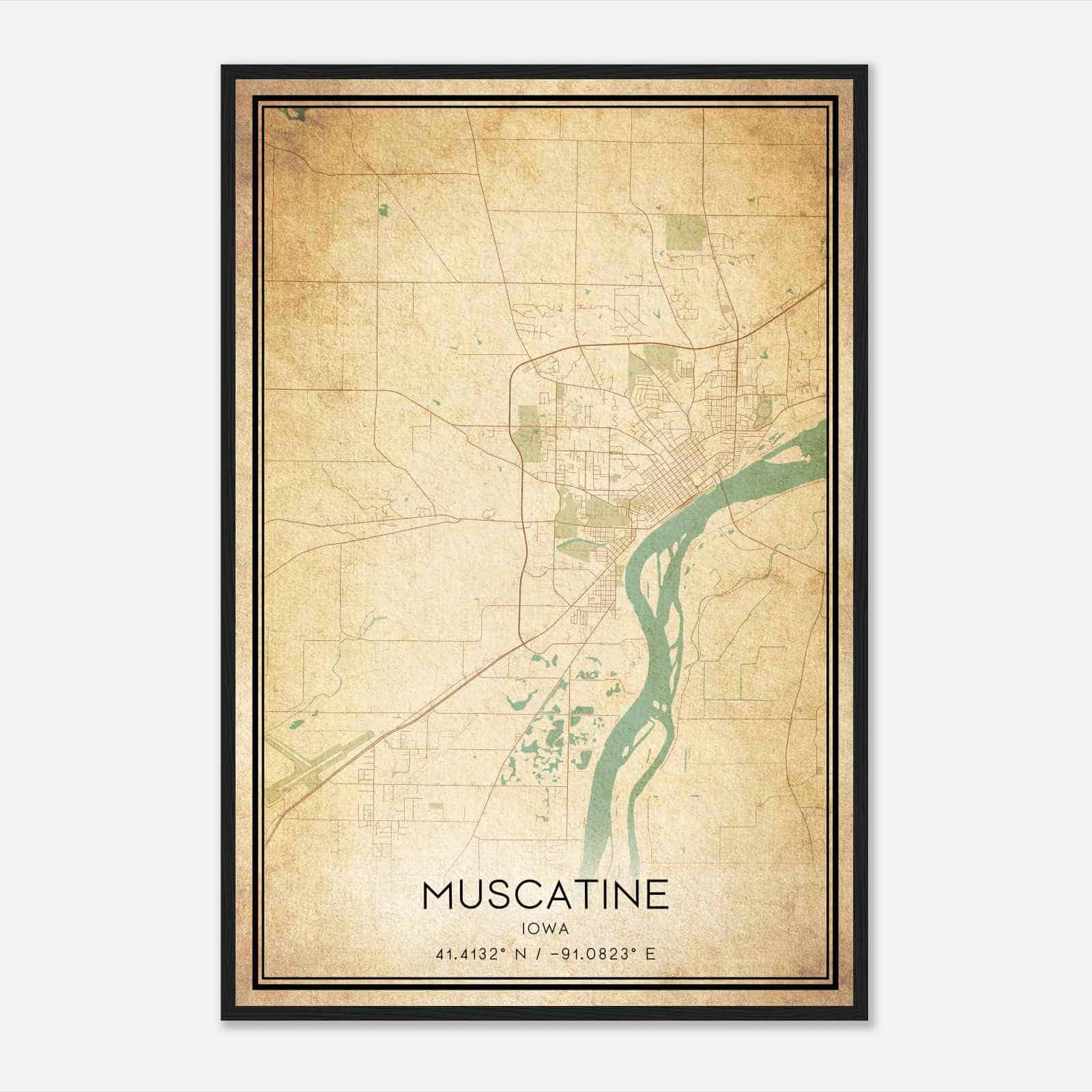 Vintage Muscatine Iowa Map Poster, Modern Home Decor Wall Art Print