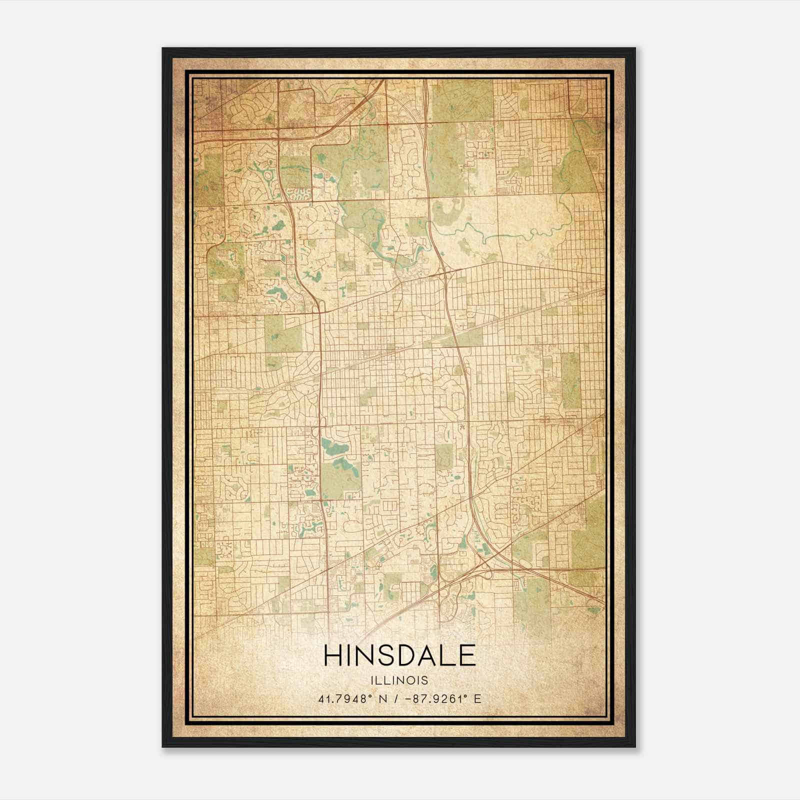 Vintage Hinsdale Illinois Map Poster, Modern Home Decor Wall Art Print