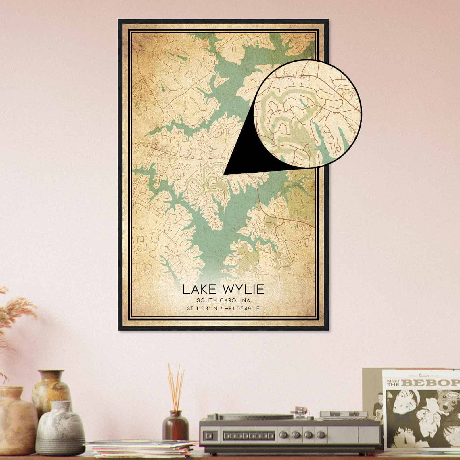Vintage Lake Wylie South Carolina Map Poster, Modern Home Decor Wall Art Print Custom Maps