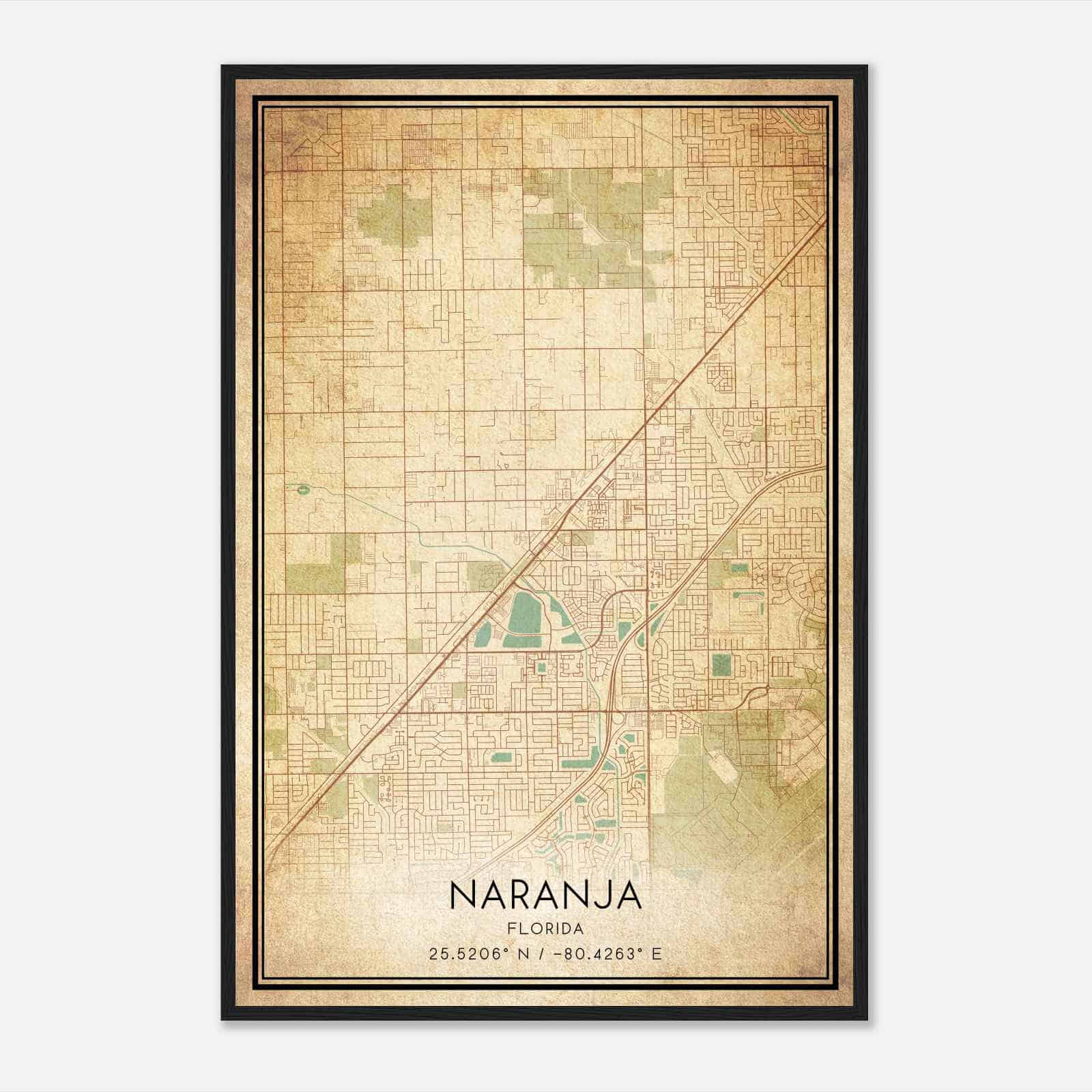 Vintage Naranja Florida Map Poster, Modern Home Decor Wall Art Print