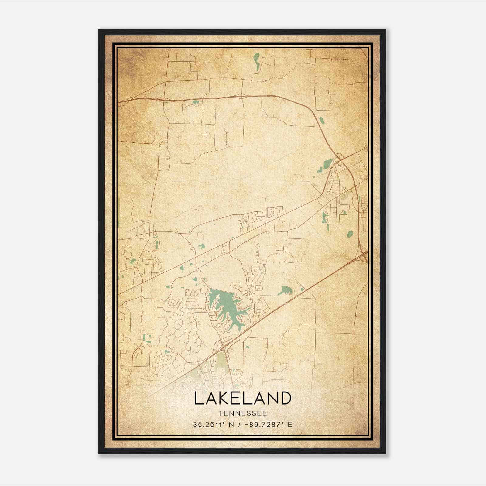 Vintage Lakeland Tennessee Map Poster, Modern Home Decor Wall Art Print