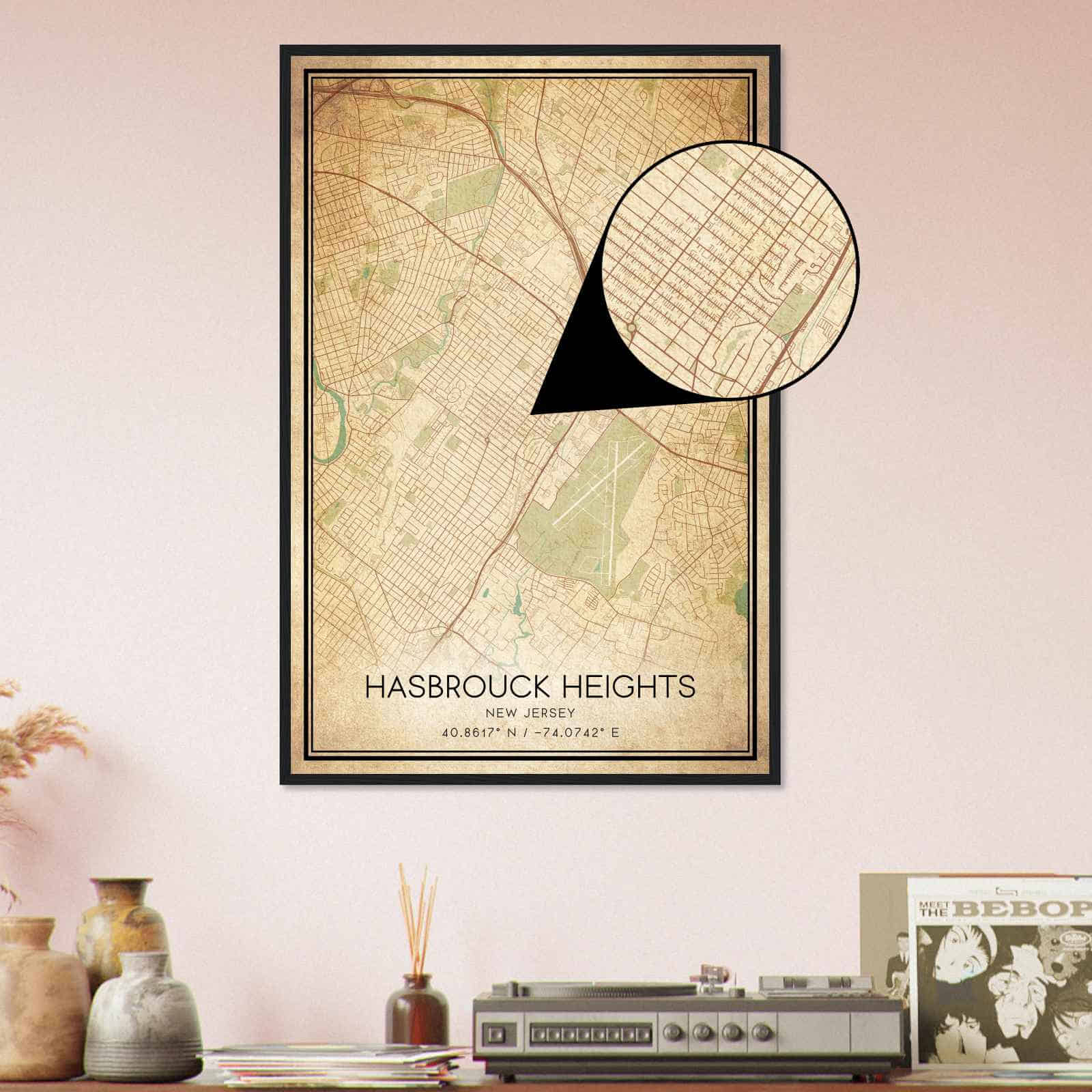 Vintage Hasbrouck Heights New Jersey Map Poster, Modern Home Decor Wall
