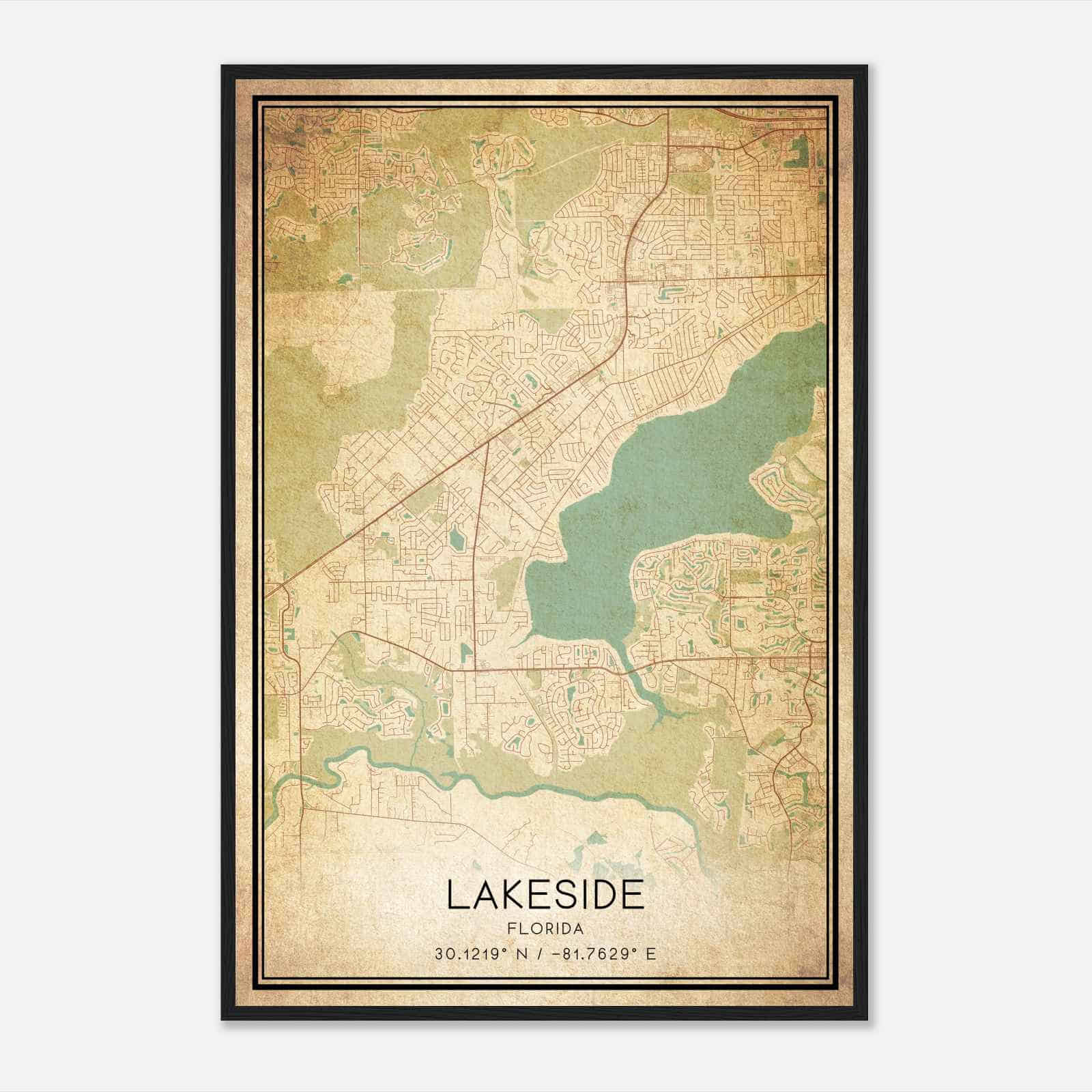 Vintage Lakeside Florida Map Poster, Modern Home Decor Wall Art Print