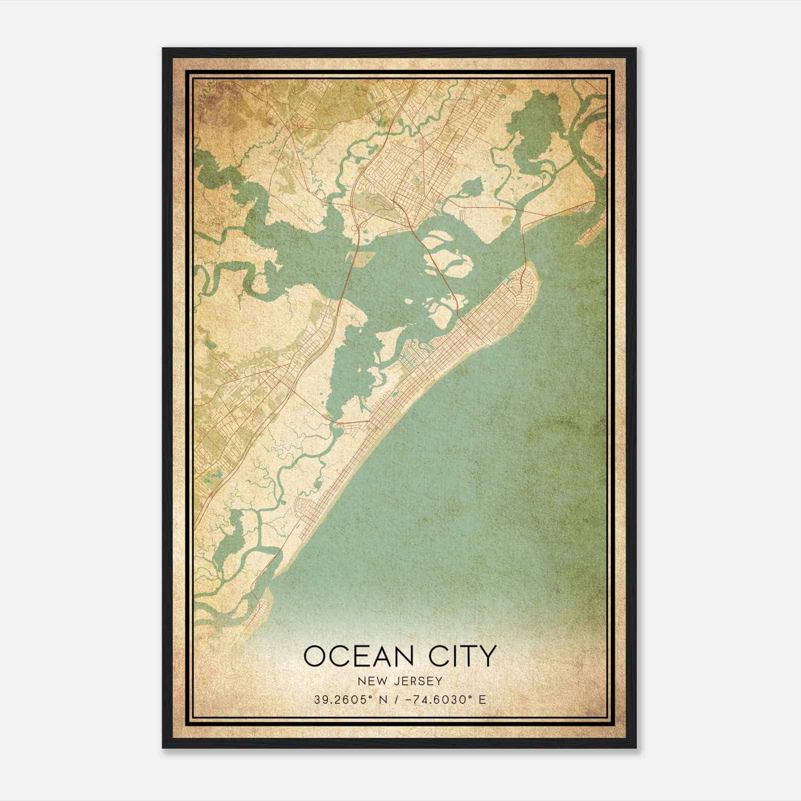 Vintage Ocean City New Jersey Map Poster, Modern Home Decor Wall Art Print