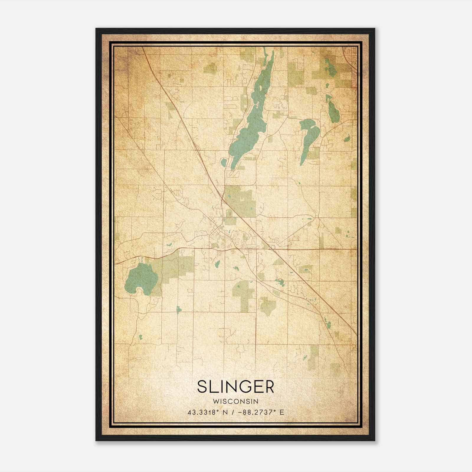Vintage Slinger Wisconsin Map Poster, Modern Home Decor Wall Art Print