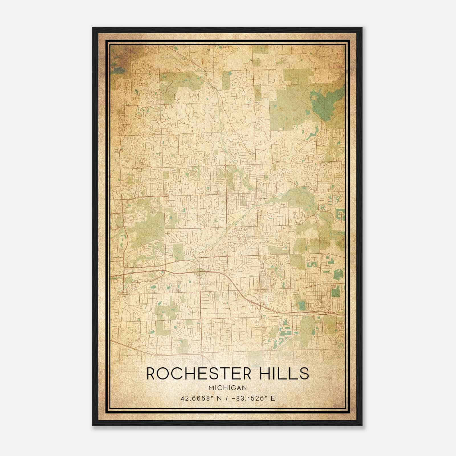 Vintage Rochester Hills Michigan Map Poster, Modern Home Decor Wall Art Print