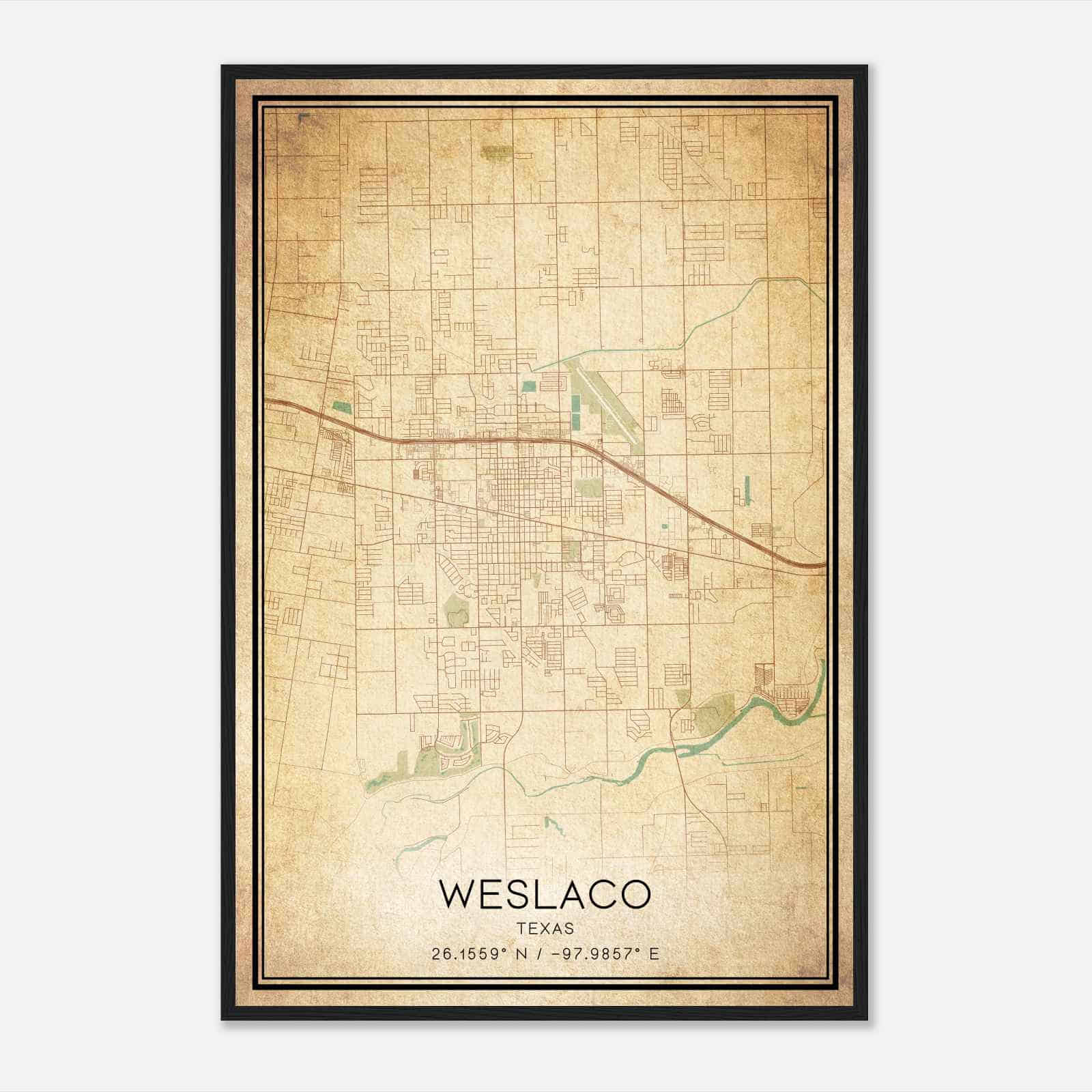 Vintage Weslaco Texas Map Poster, Modern Home Decor Wall Art Print