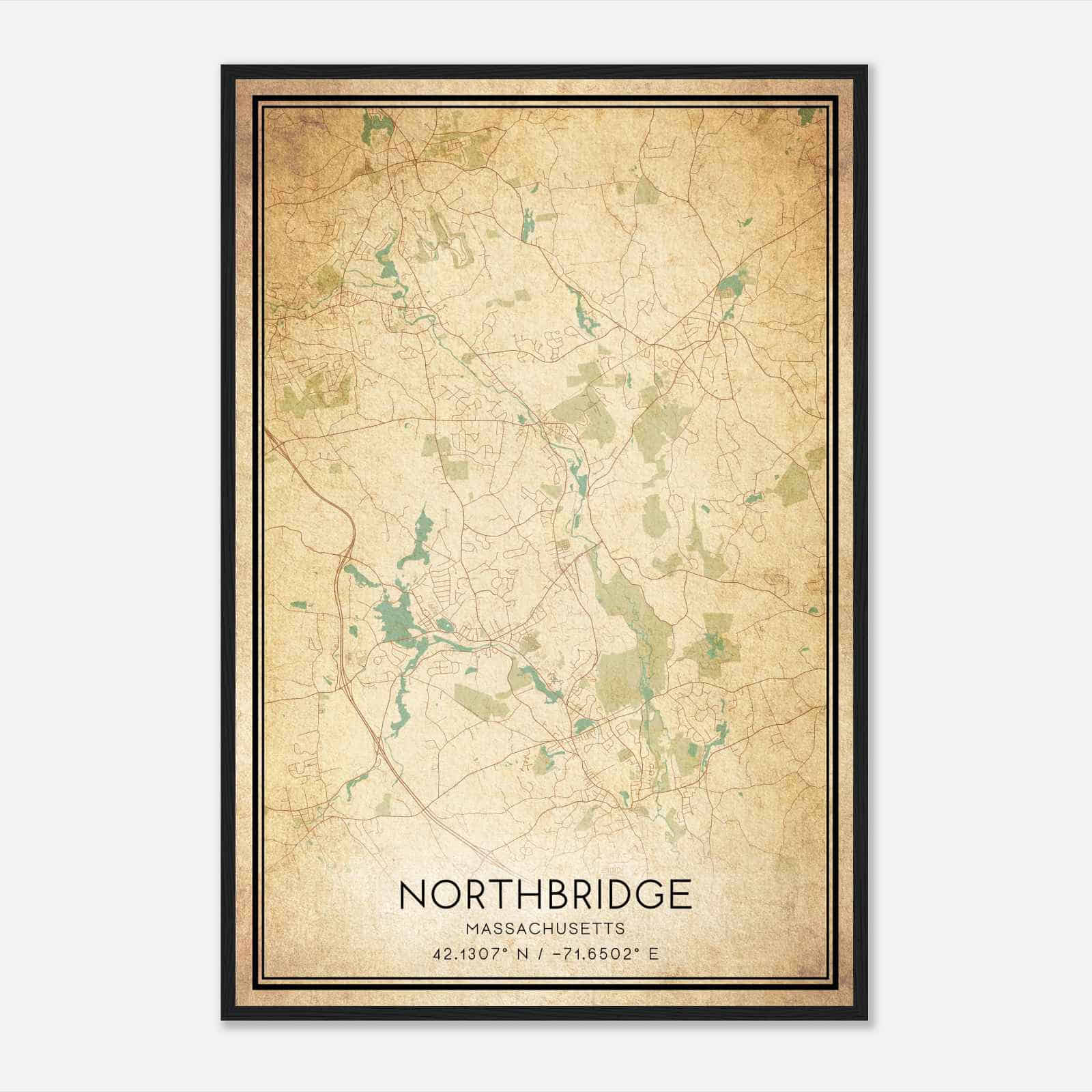 Vintage Northbridge Massachusetts Map Poster, Modern Home Decor Wall Art Print