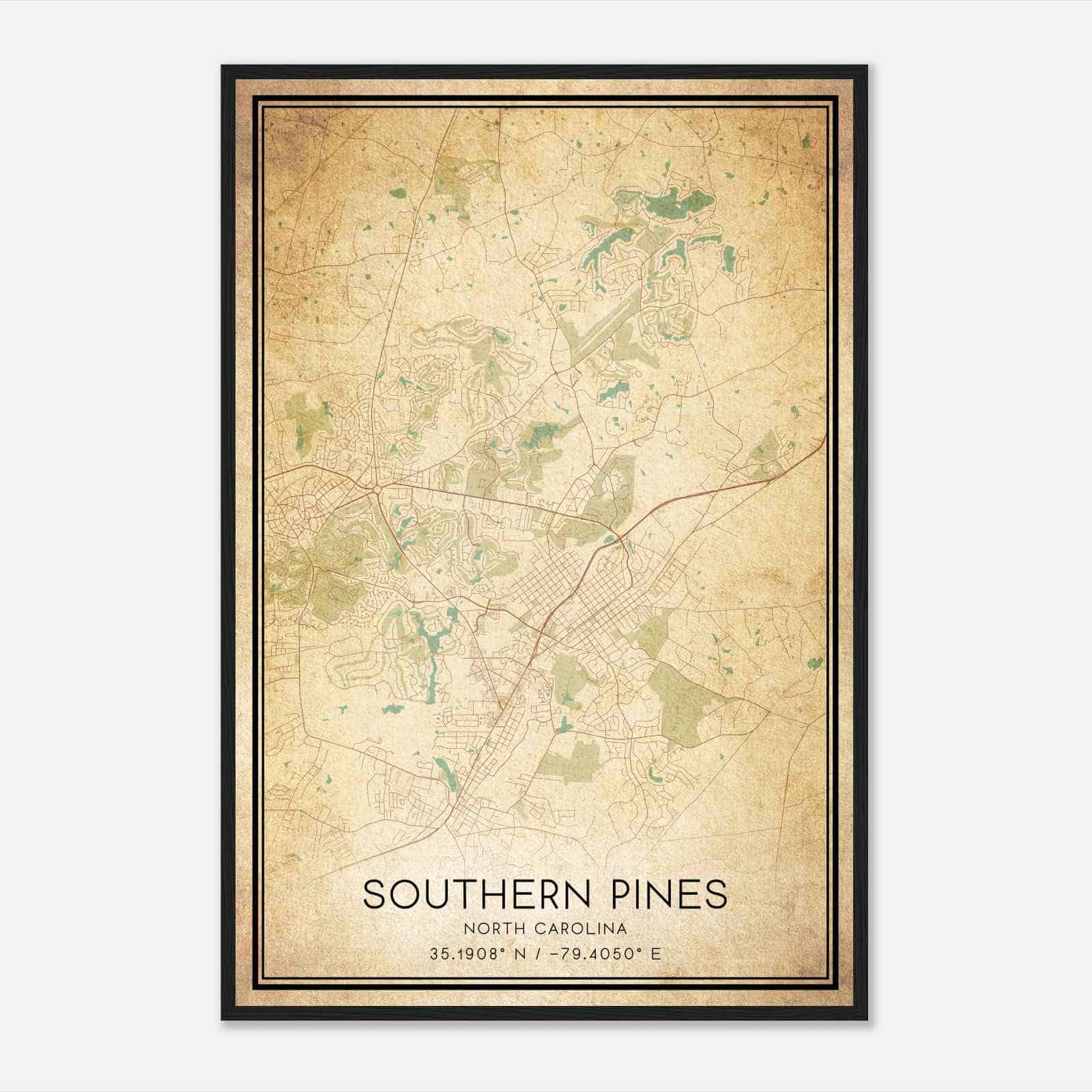 Vintage Southern Pines North Carolina Map Poster, Modern Home Decor Wall Art Print