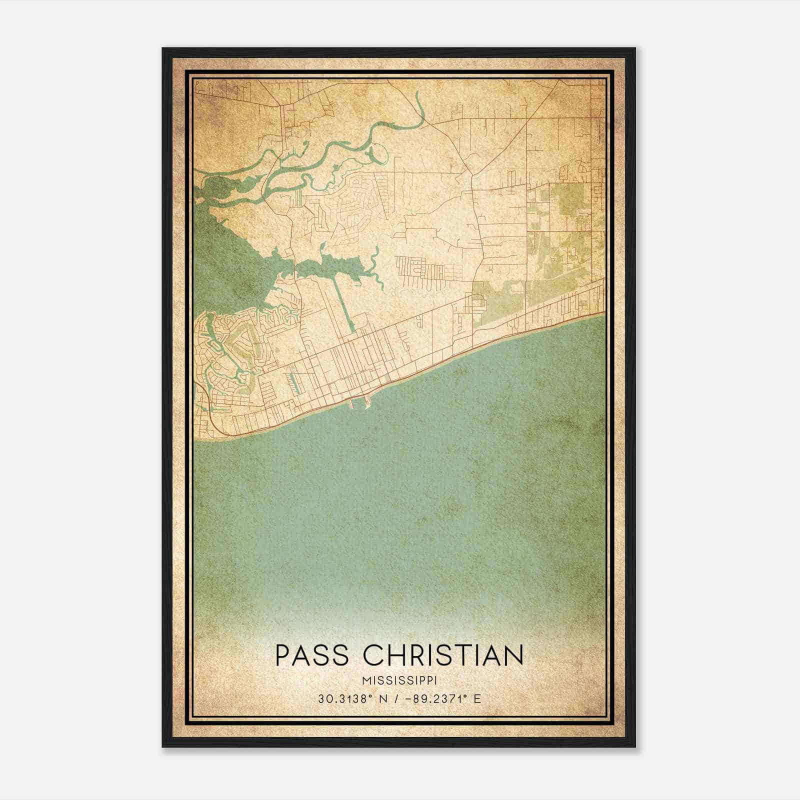 Vintage Pass Christian Mississippi Map Poster, Modern Home Decor Wall Art Print