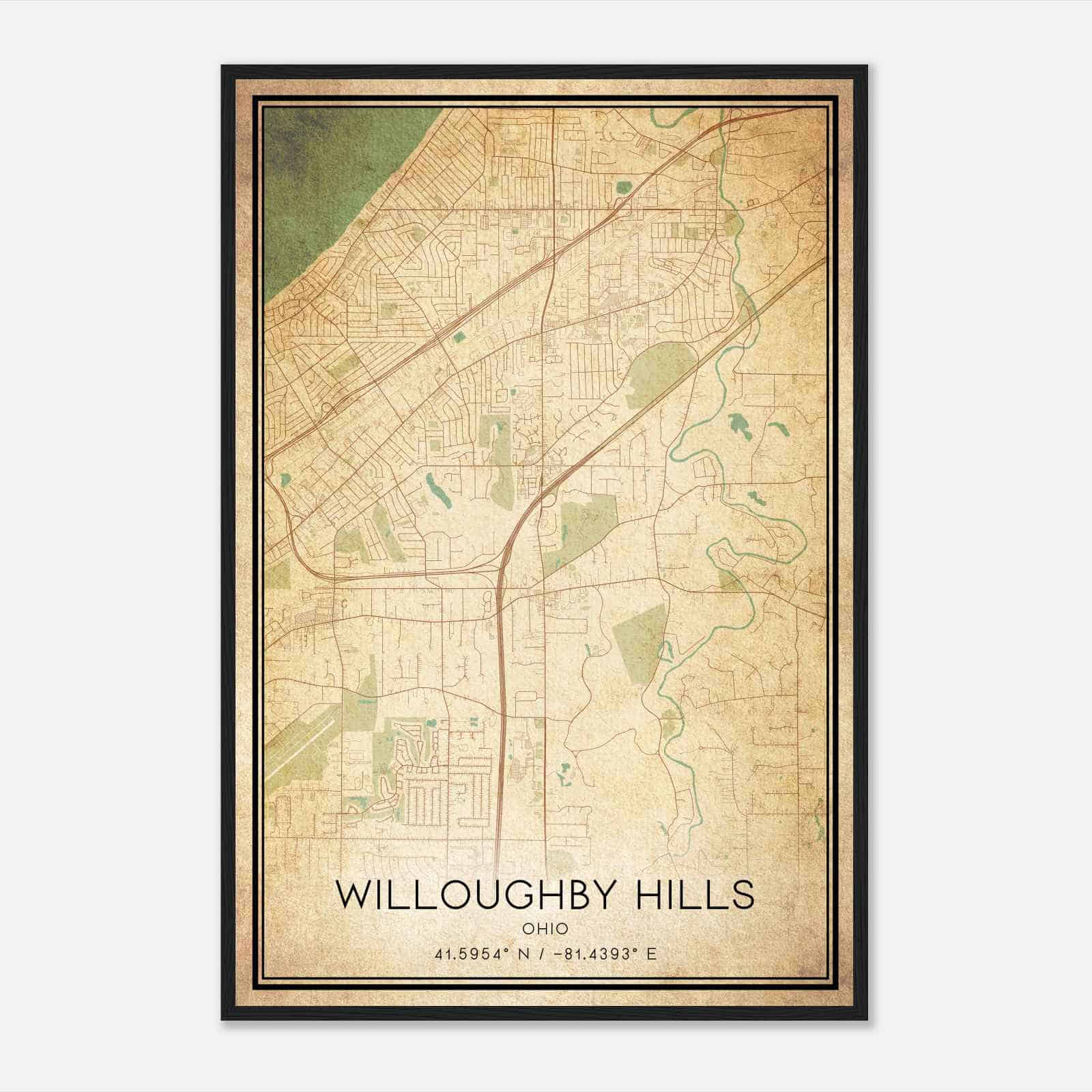 Vintage Willoughby Hills Ohio Map Poster, Modern Home Decor Wall Art Print