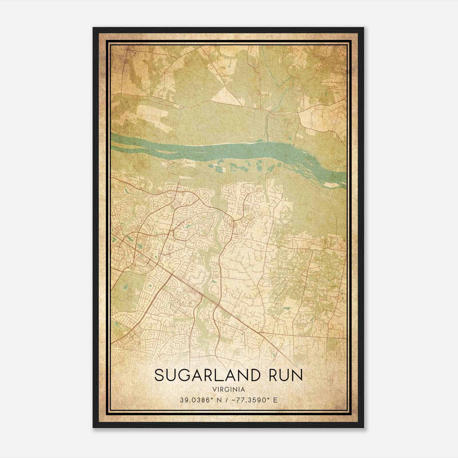 Vintage Sugarland Run Virginia Map Poster, Modern Home Decor Wall Art Print