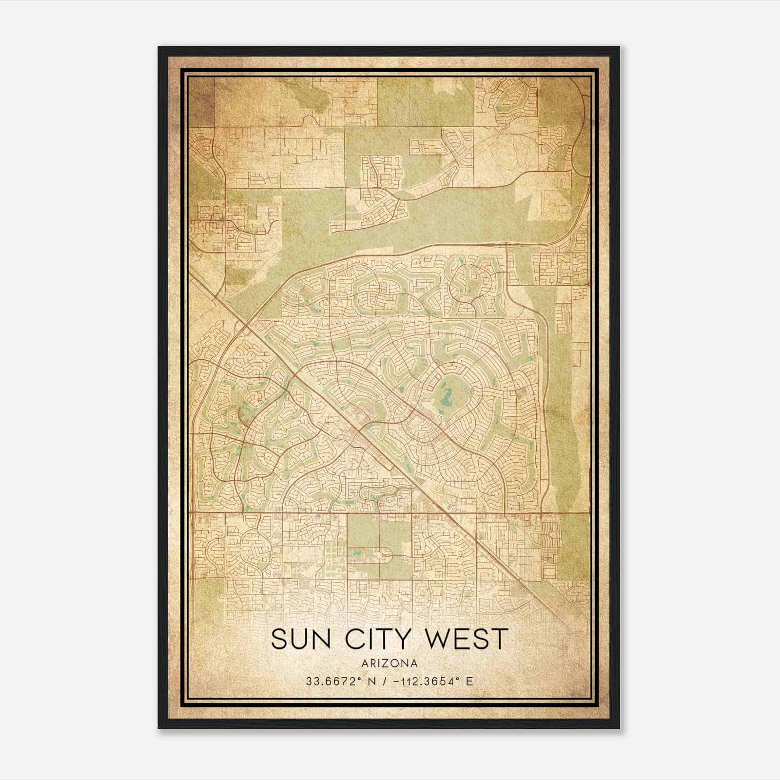 Vintage Sun City West Arizona Map Poster, Modern Home Decor Wall Art Print