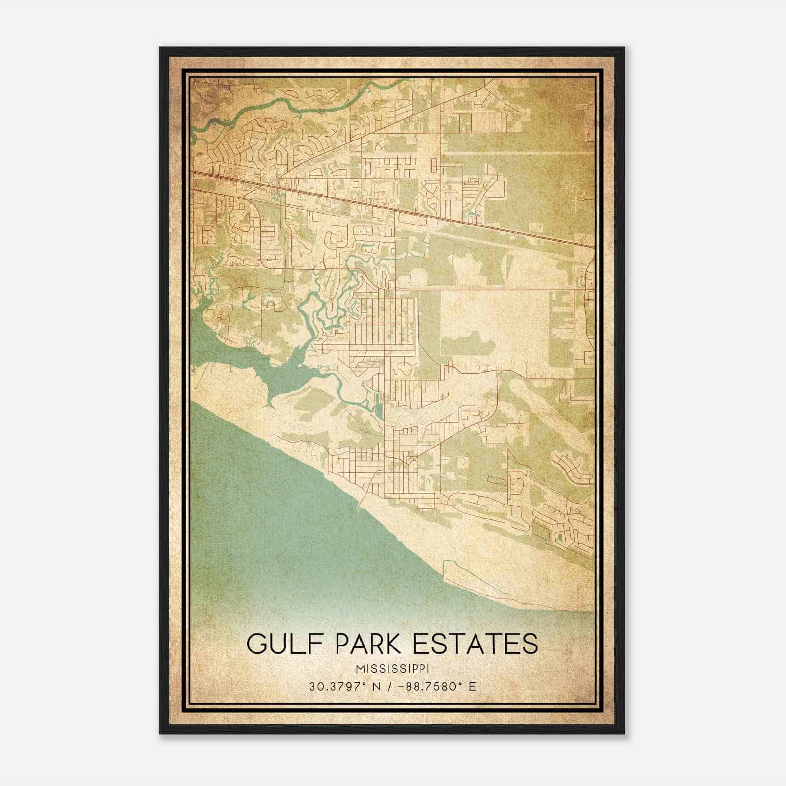 Vintage Gulf Park Estates Mississippi Map Poster, Modern Home Decor Wall Art Print