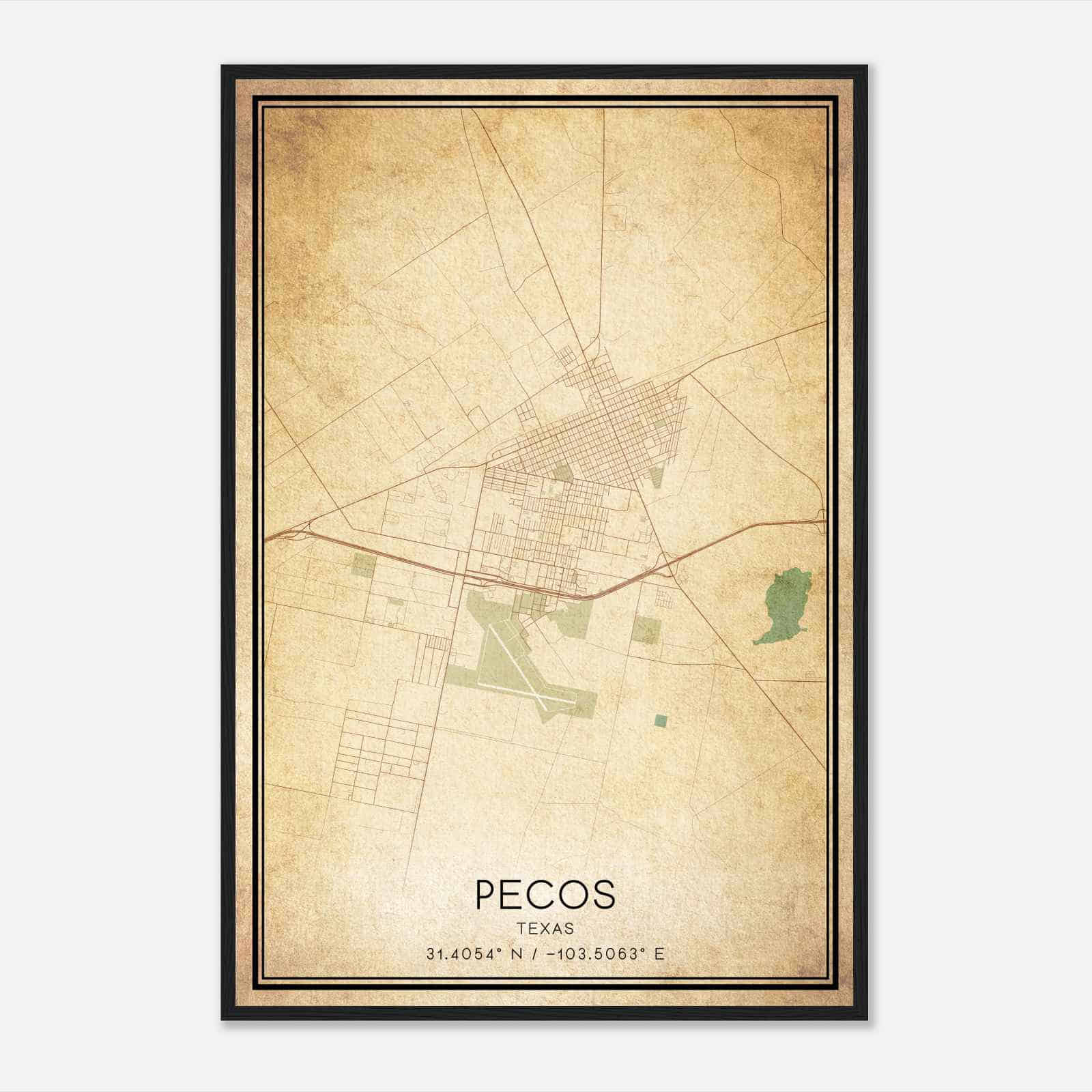 Vintage Pecos Texas Map Poster, Modern Home Decor Wall Art Print