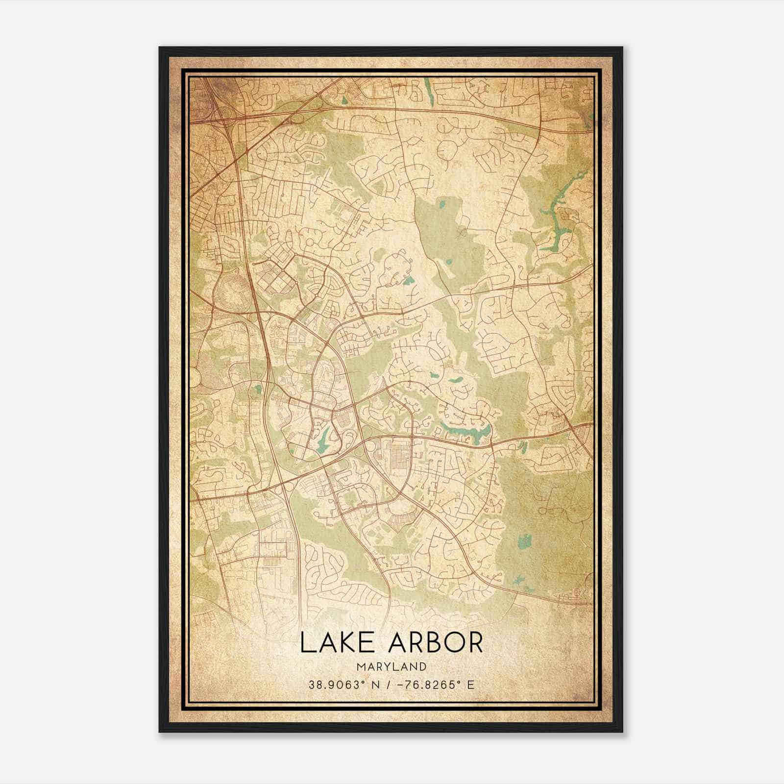 Vintage Lake Arbor Maryland Map Poster, Modern Home Decor Wall Art Print