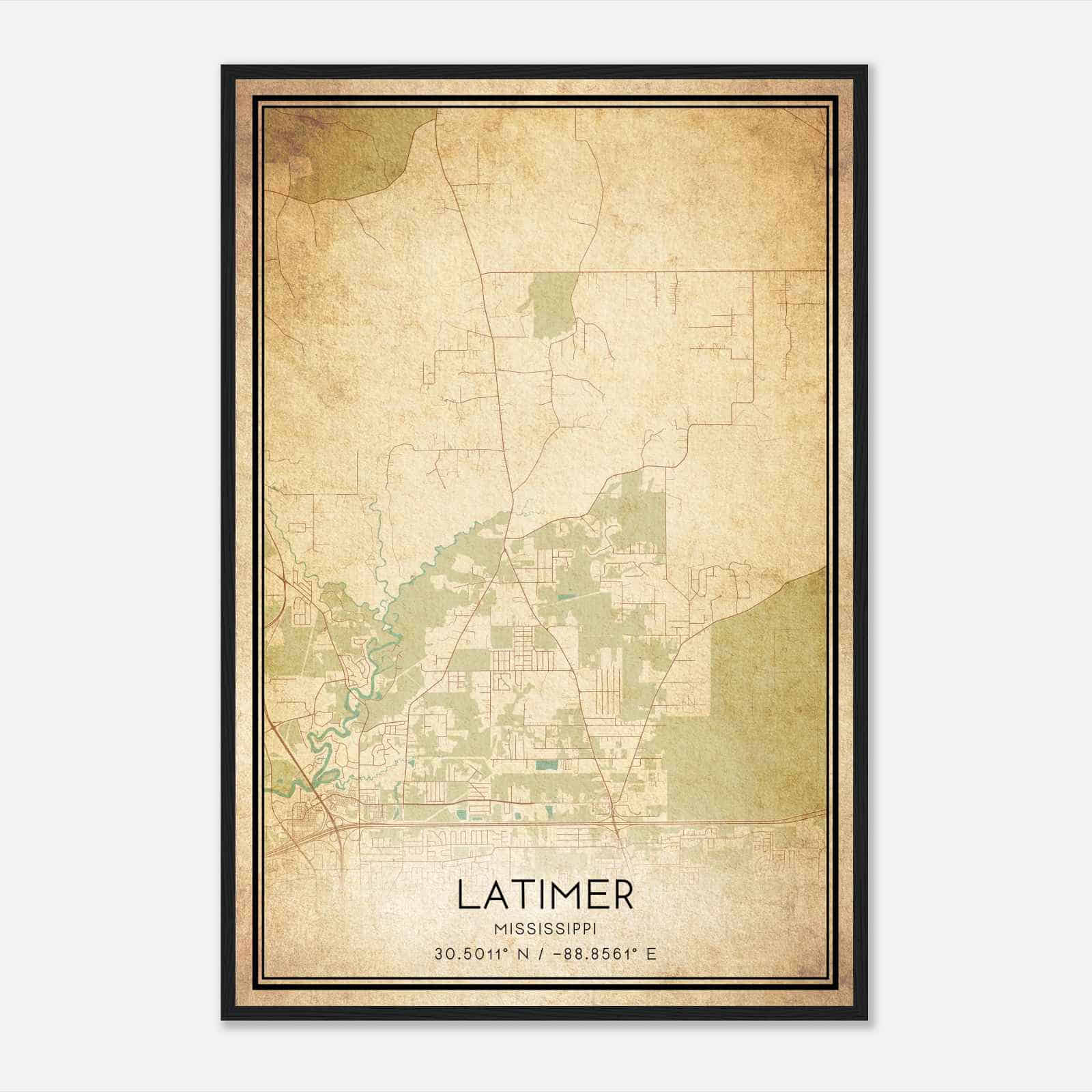 Vintage Latimer Mississippi Map Poster, Modern Home Decor Wall Art Print