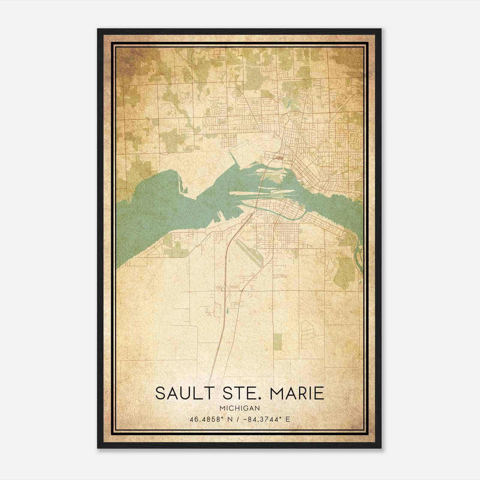 Vintage Sault Ste. Marie Michigan Map Poster, Modern Home Decor Wall Art Print