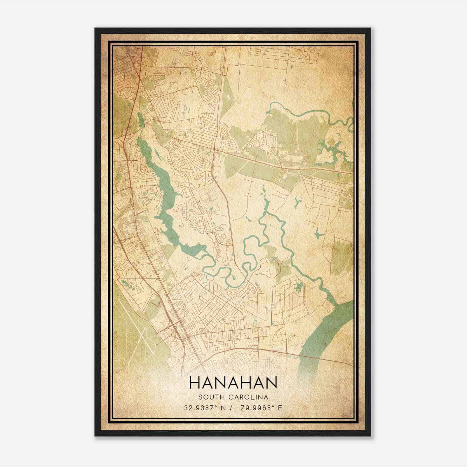 Vintage Hanahan South Carolina Map Poster, Modern Home Decor Wall Art