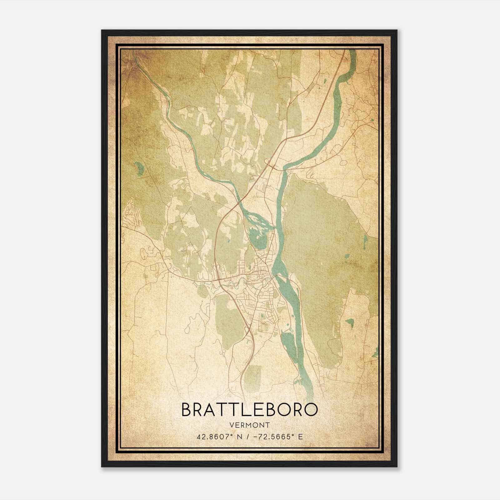 Vintage Brattleboro Vermont Map Poster, Modern Home Decor Wall Art Print