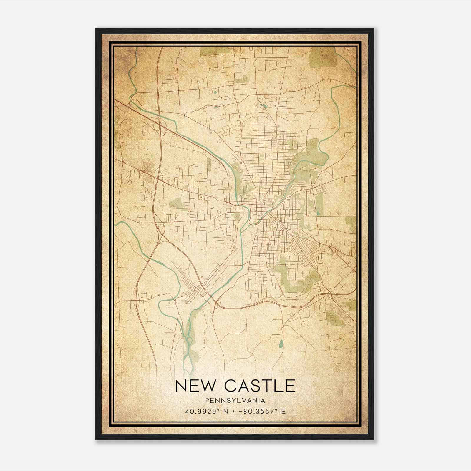 Vintage New Castle Pennsylvania Map Poster, Modern Home Decor Wall Art Print