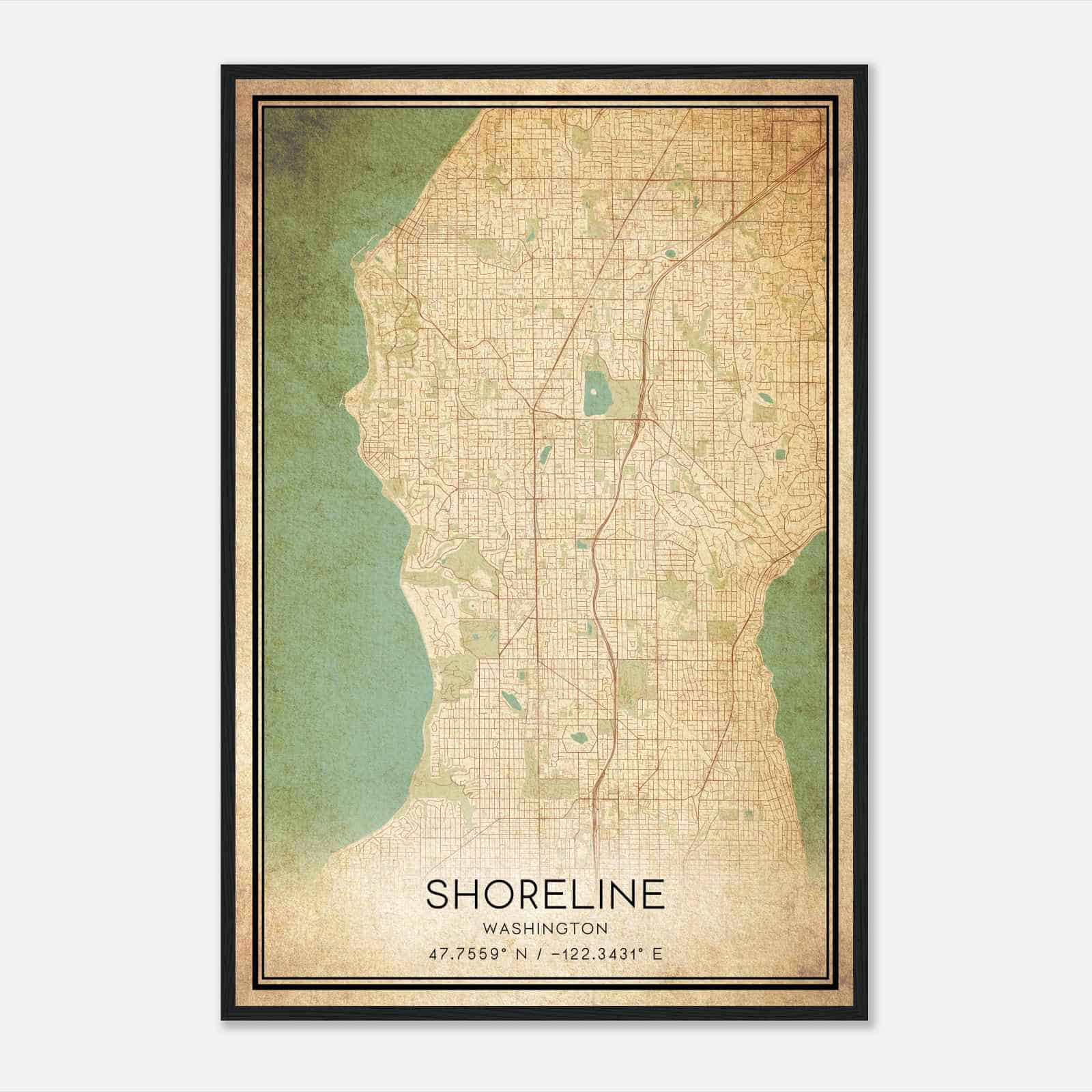 Vintage Shoreline Washington Map Poster, Modern Home Decor Wall Art Print