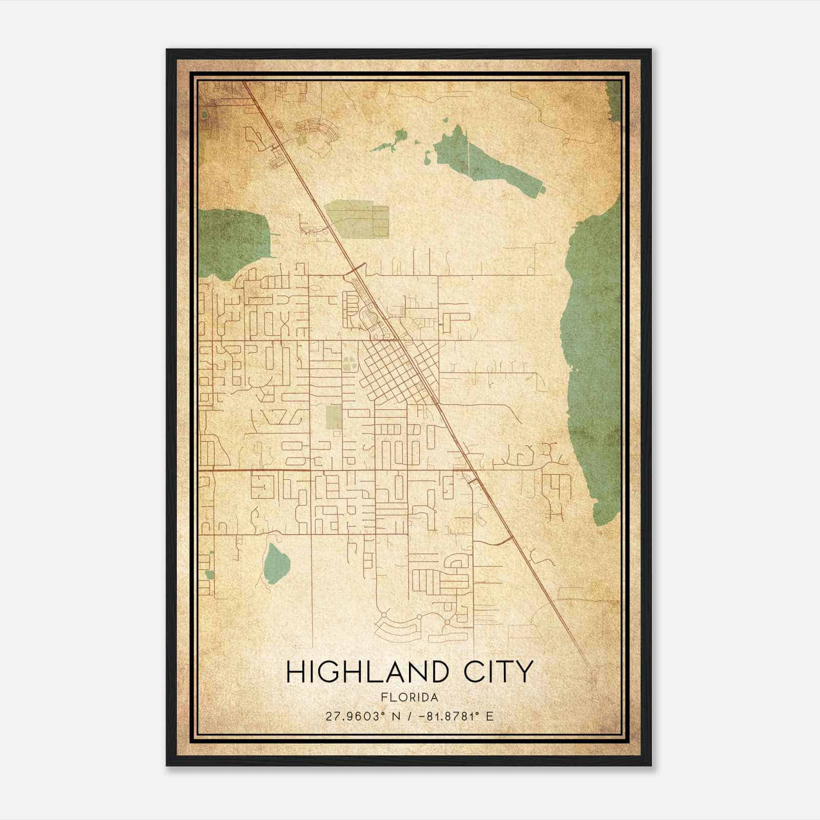 Vintage Highland City Florida Map Poster, Modern Home Decor Wall Art Print