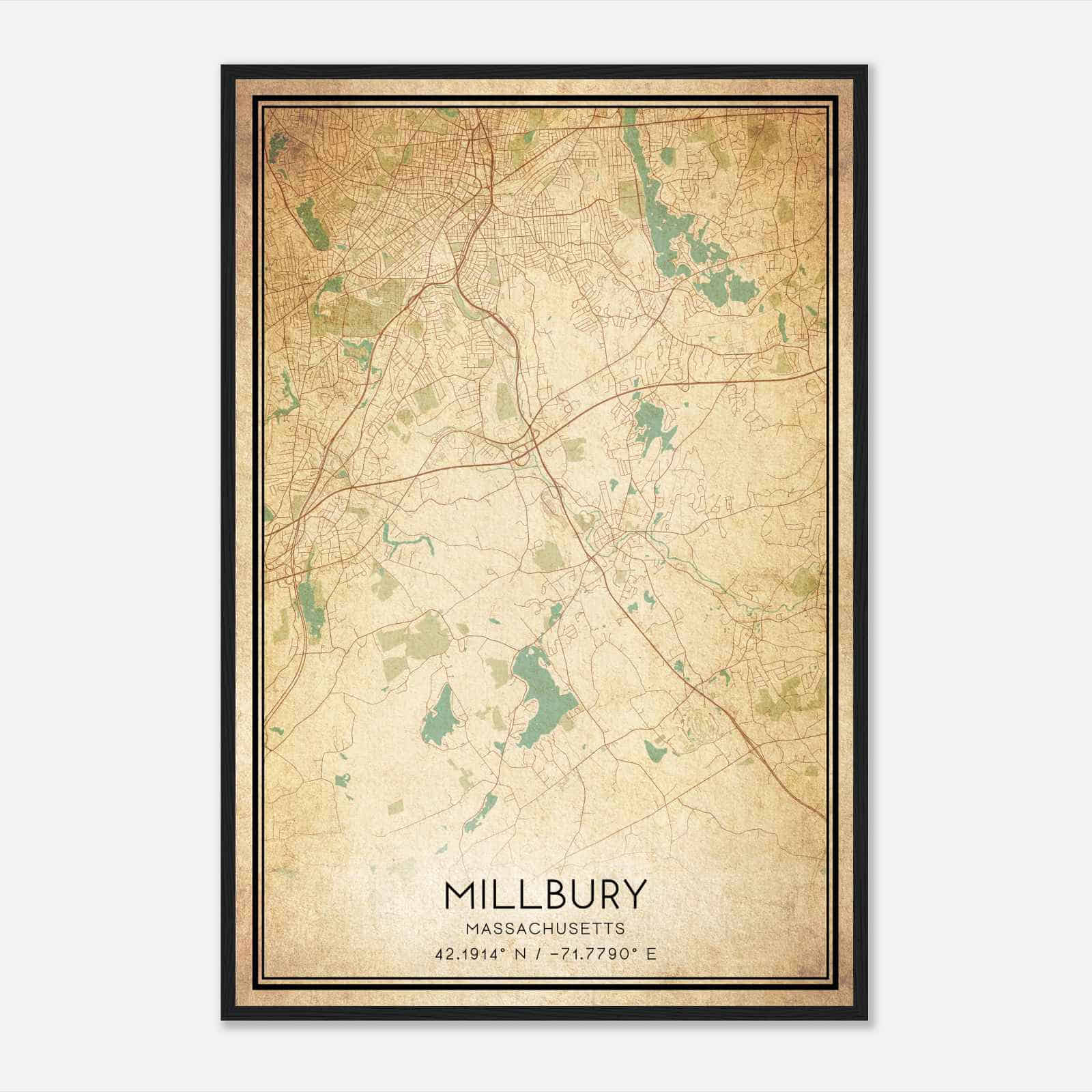 Vintage Millbury Massachusetts Map Poster, Modern Home Decor Wall Art Print