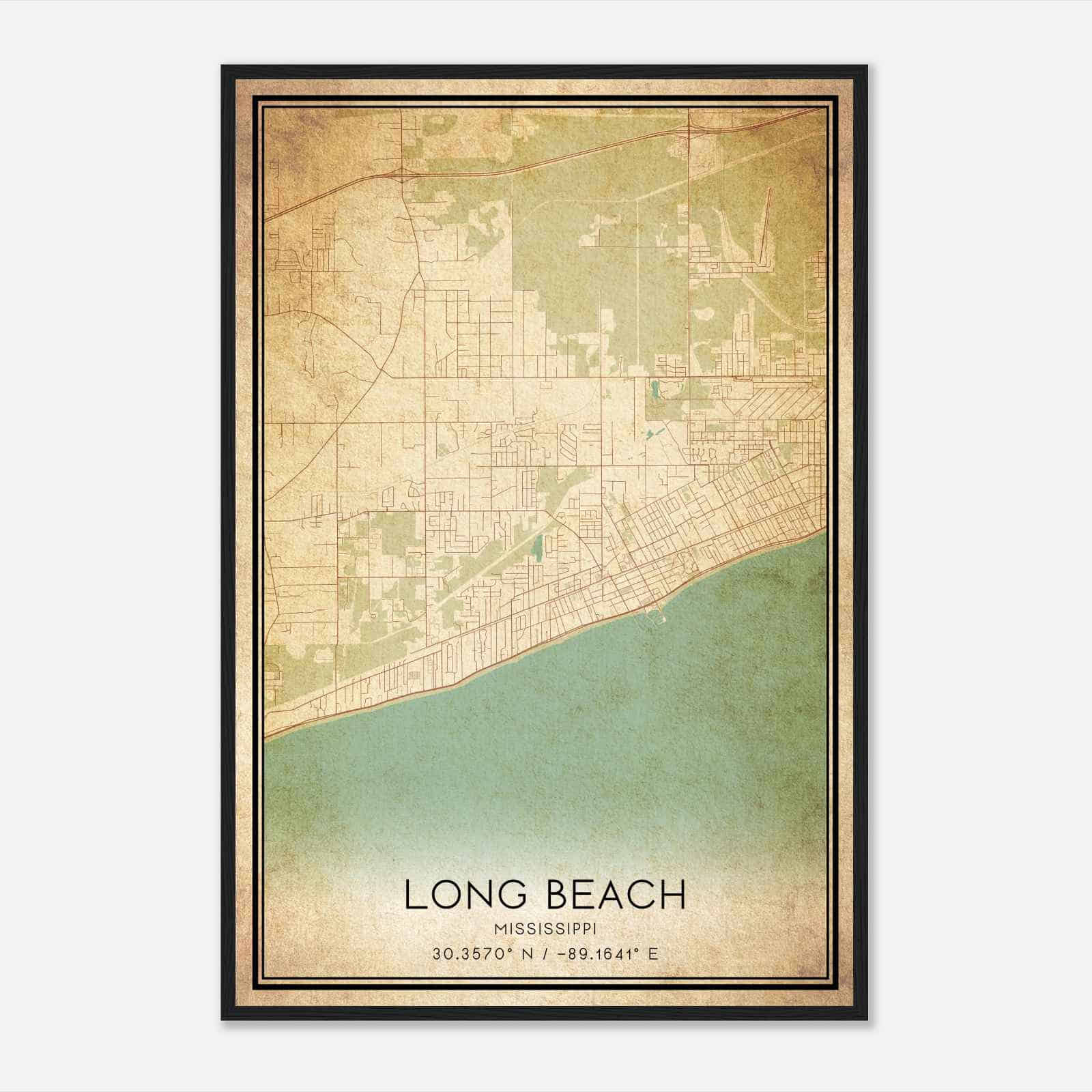 Vintage Long Beach Mississippi Map Poster, Modern Home Decor Wall Art Print