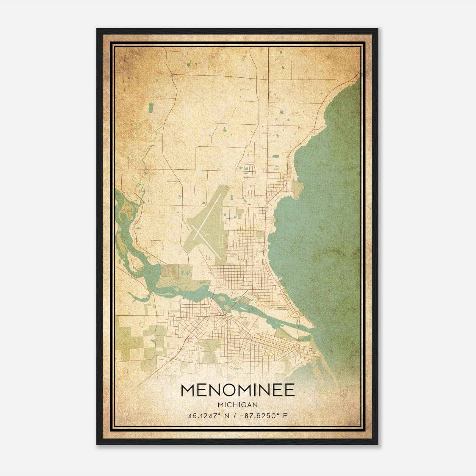 Vintage Menominee Michigan Map Poster, Modern Home Decor Wall Art Print