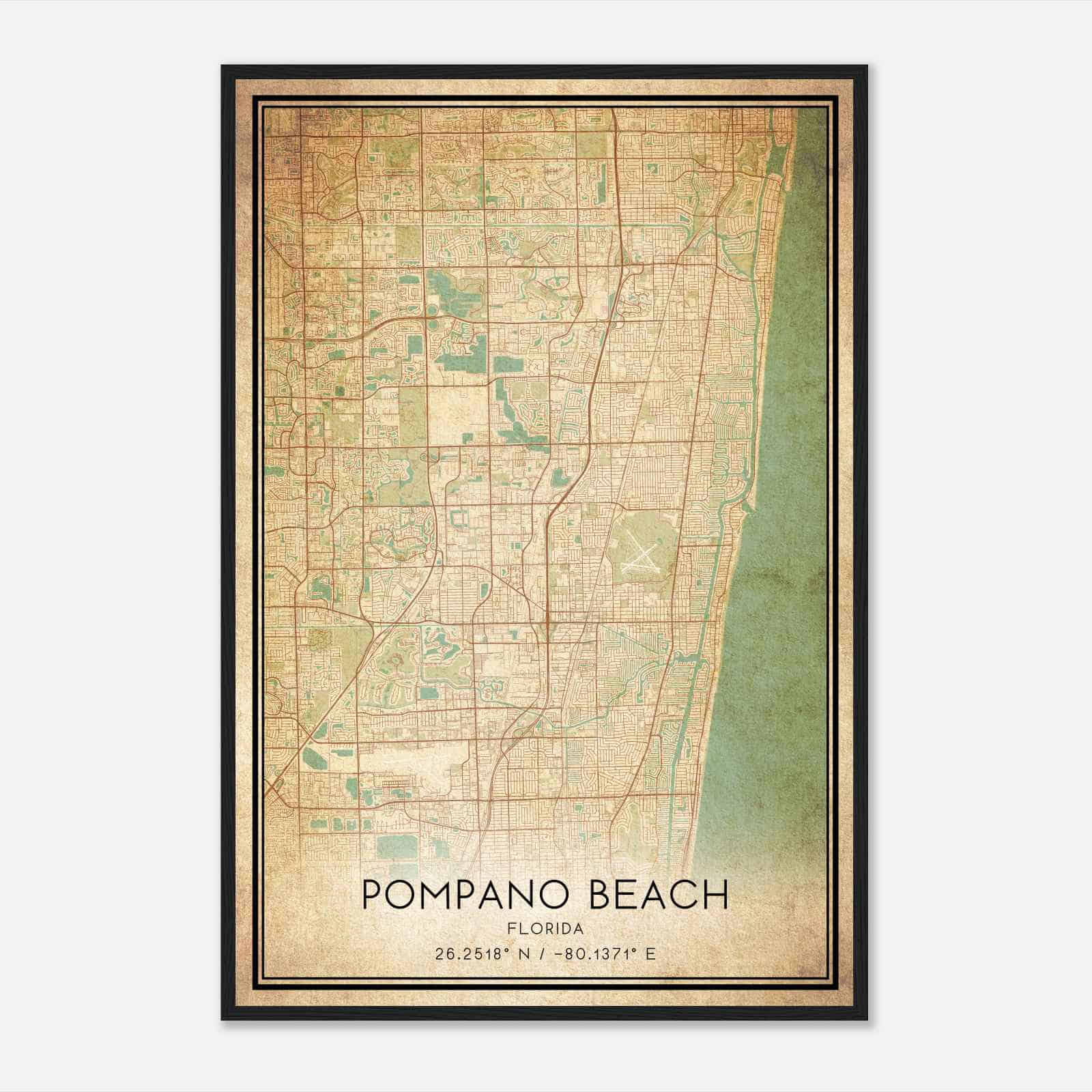 Vintage Pompano Beach Florida Map Poster, Modern Home Decor Wall Art Print