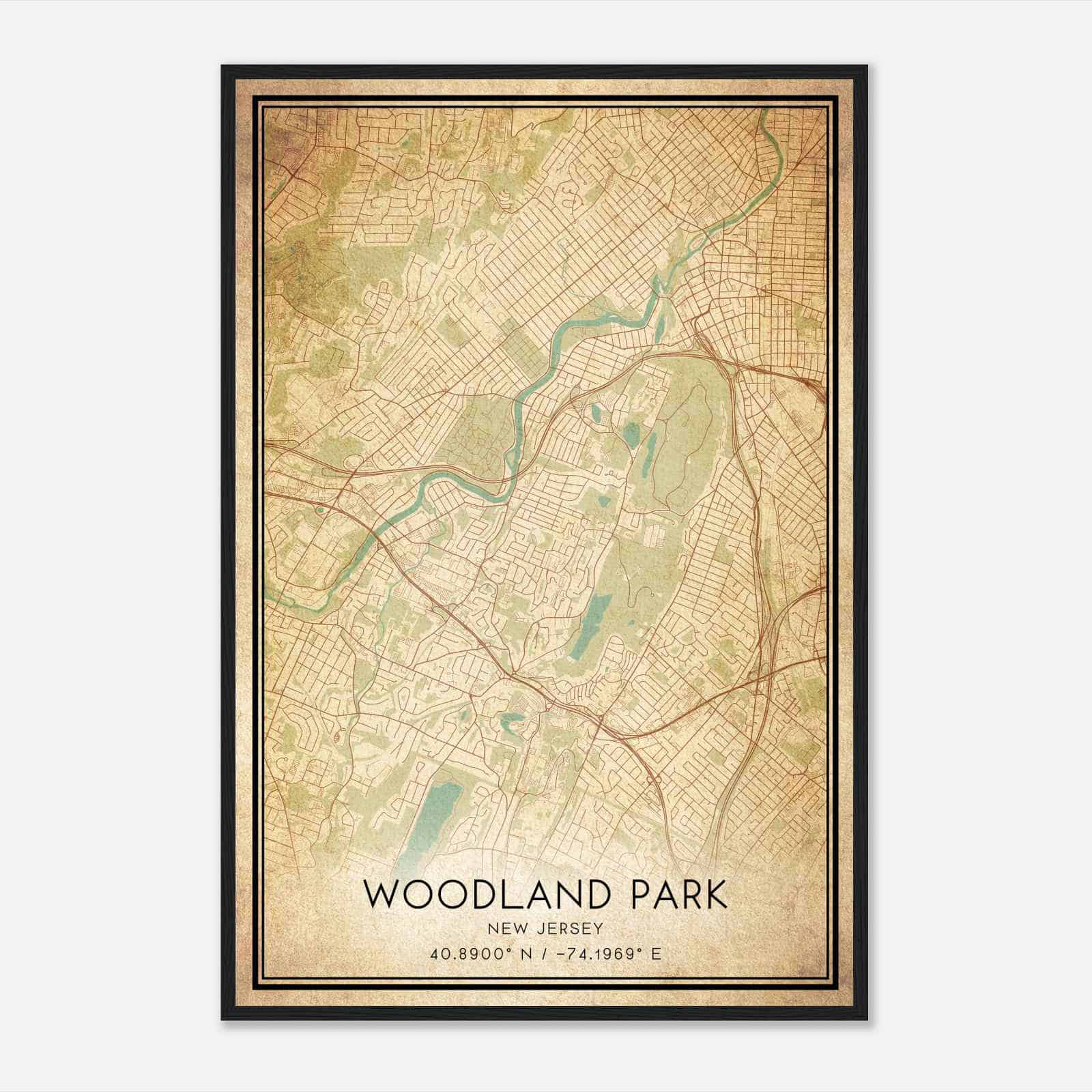 Vintage Woodland Park New Jersey Map Poster, Modern Home Decor Wall Art Print