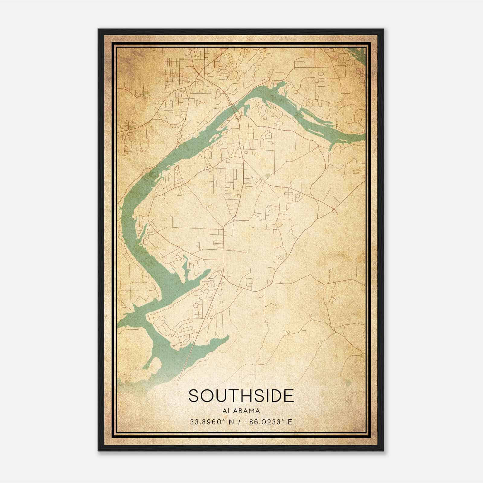 Vintage Southside Alabama Map Poster, Modern Home Decor Wall Art Print