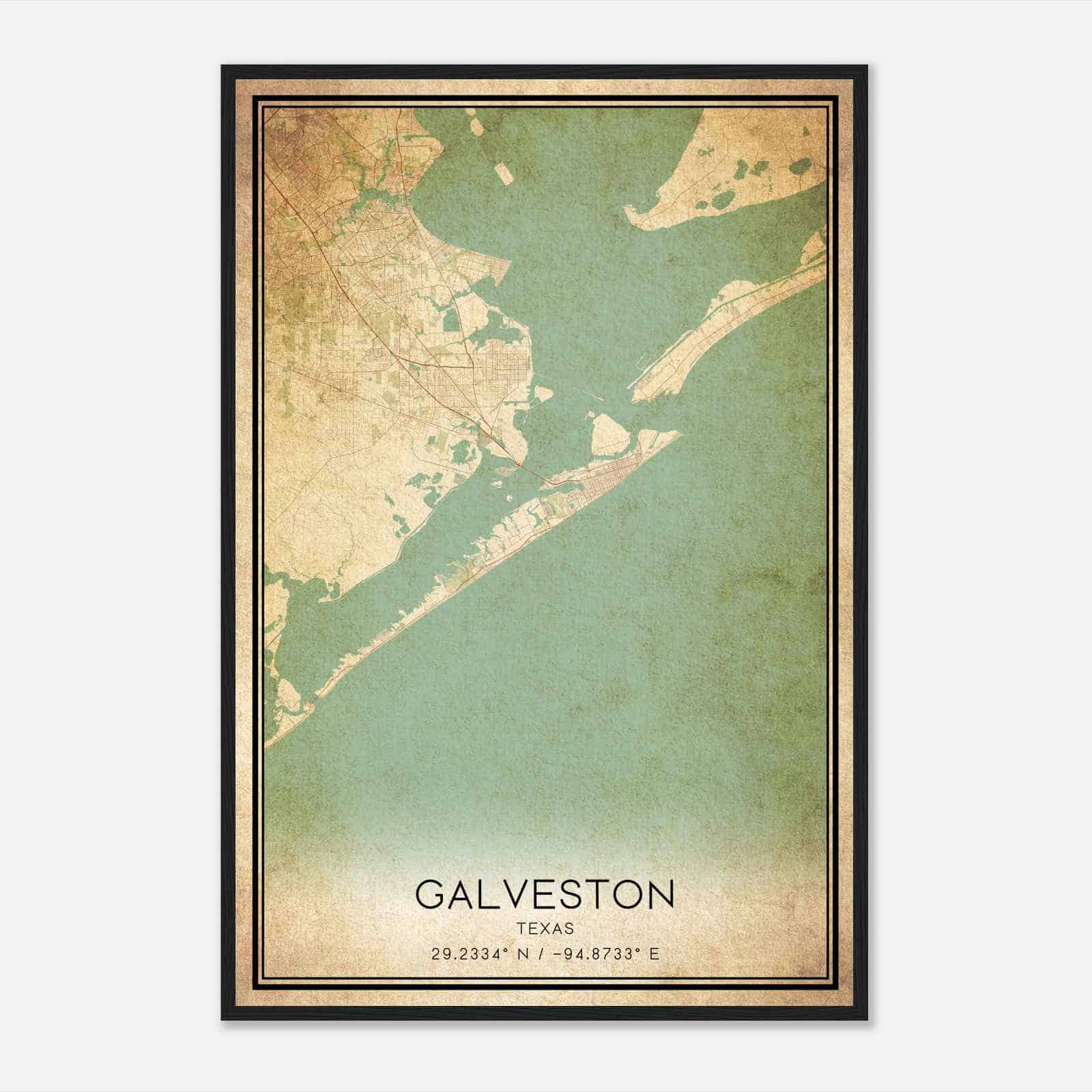 Vintage Galveston Texas Map Poster, Modern Home Decor Wall Art Print