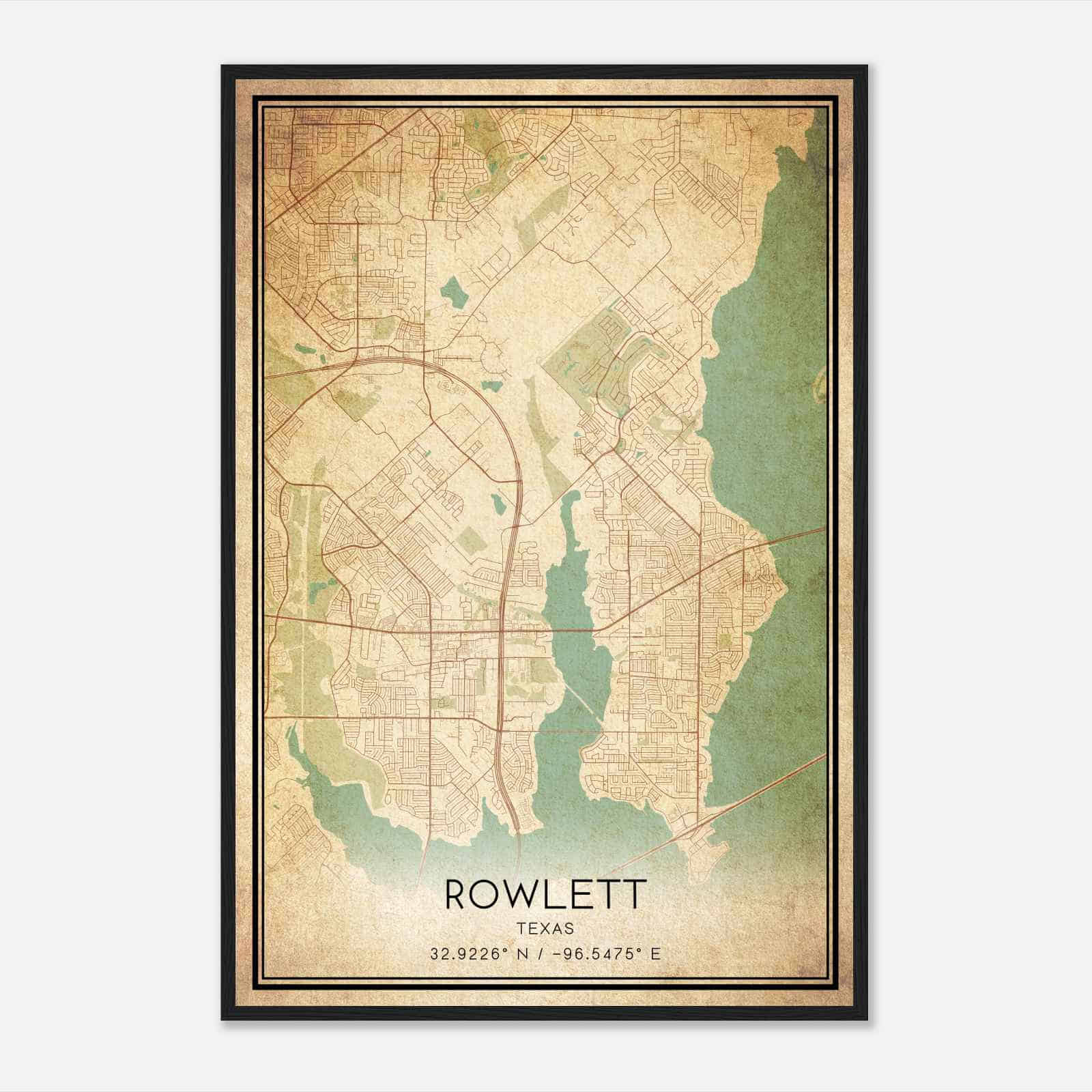 Vintage Rowlett Texas Map Poster, Modern Home Decor Wall Art Print