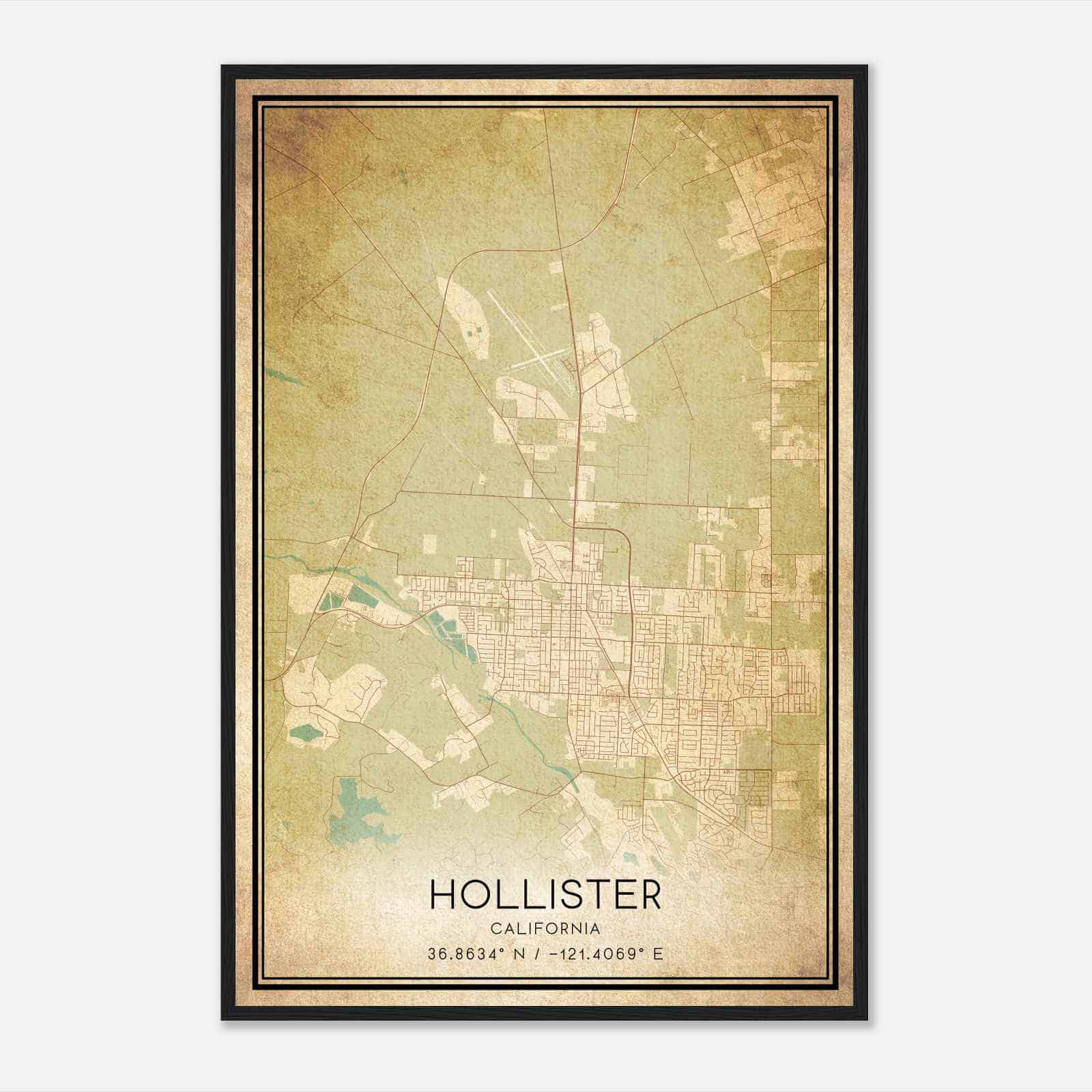 Vintage Hollister California Map Poster, Modern Home Decor Wall Art Print