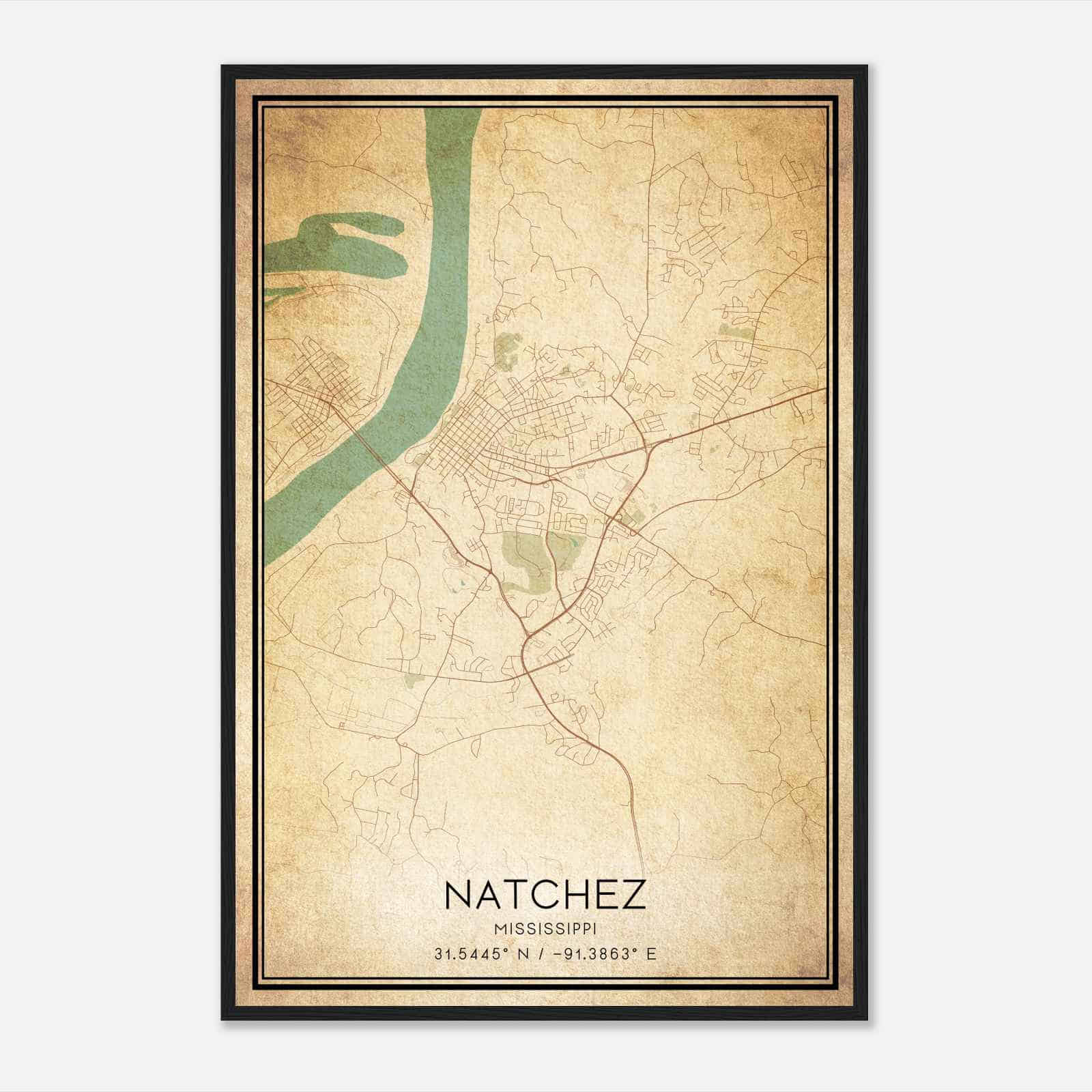 Vintage Natchez Mississippi Map Poster, Modern Home Decor Wall Art Print