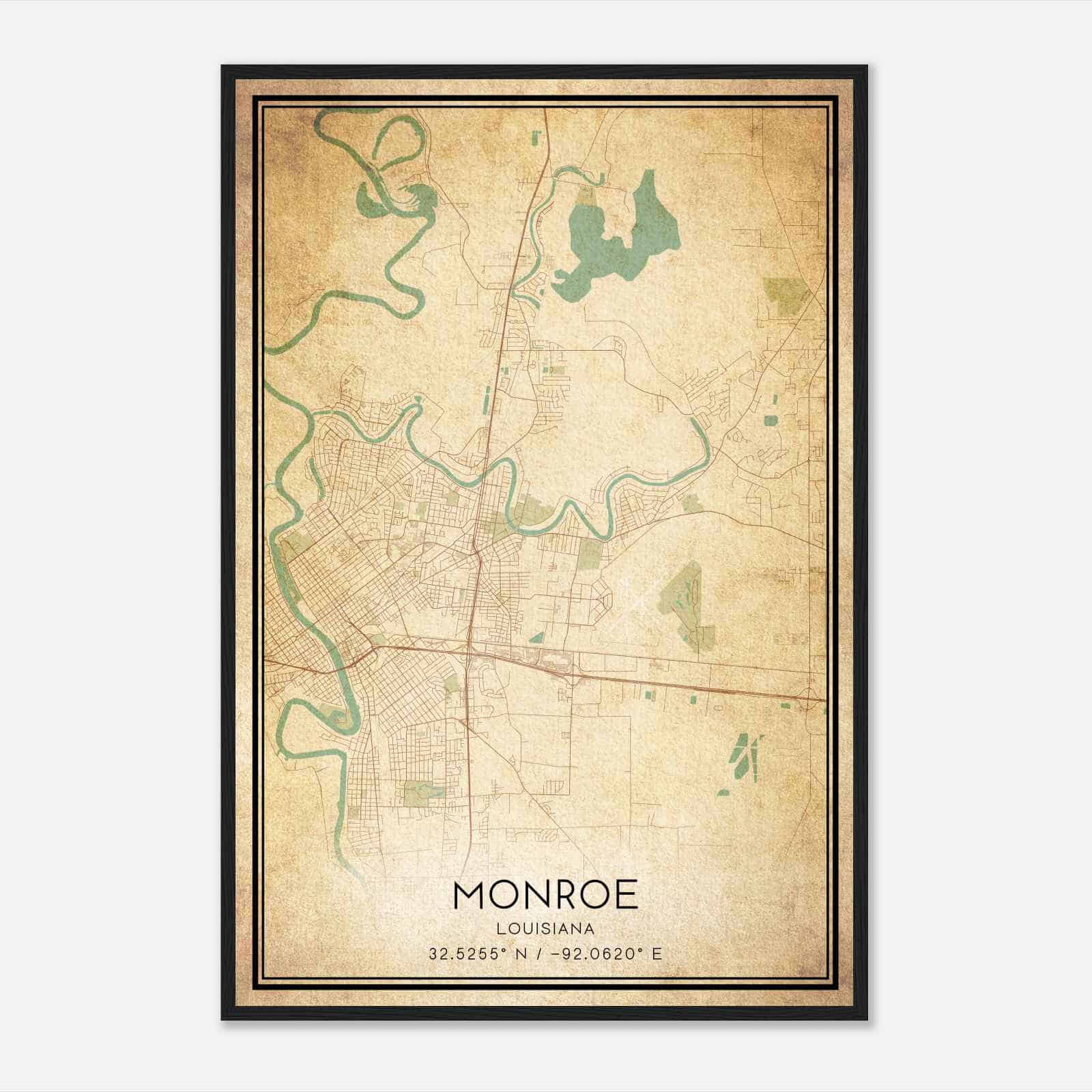 Vintage Monroe Louisiana Map Poster, Modern Home Decor Wall Art Print